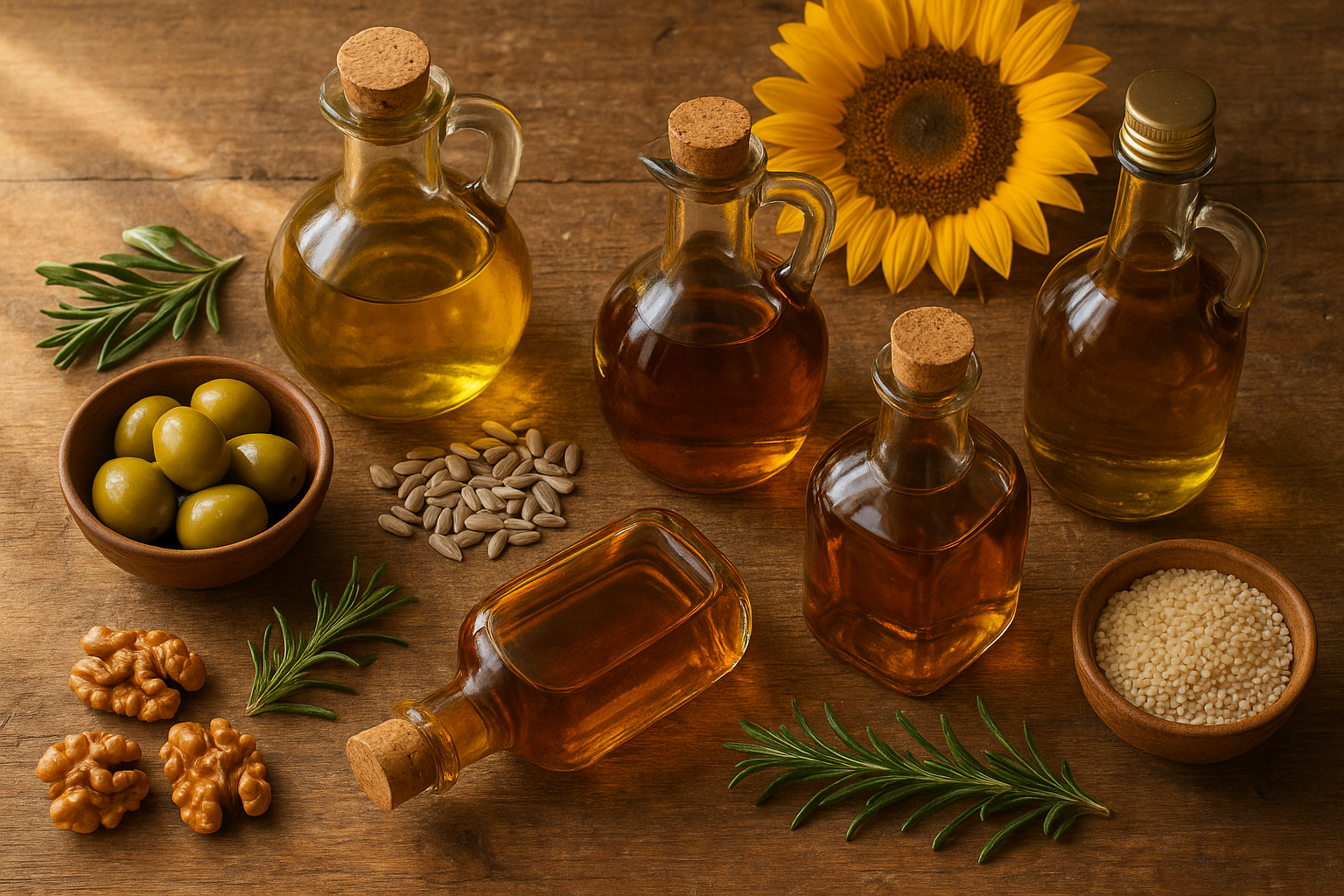 Plusieurs bouteilles d'huiles végétales en verre entourées d'olives, noix et graines sur un plan de travail en bois
