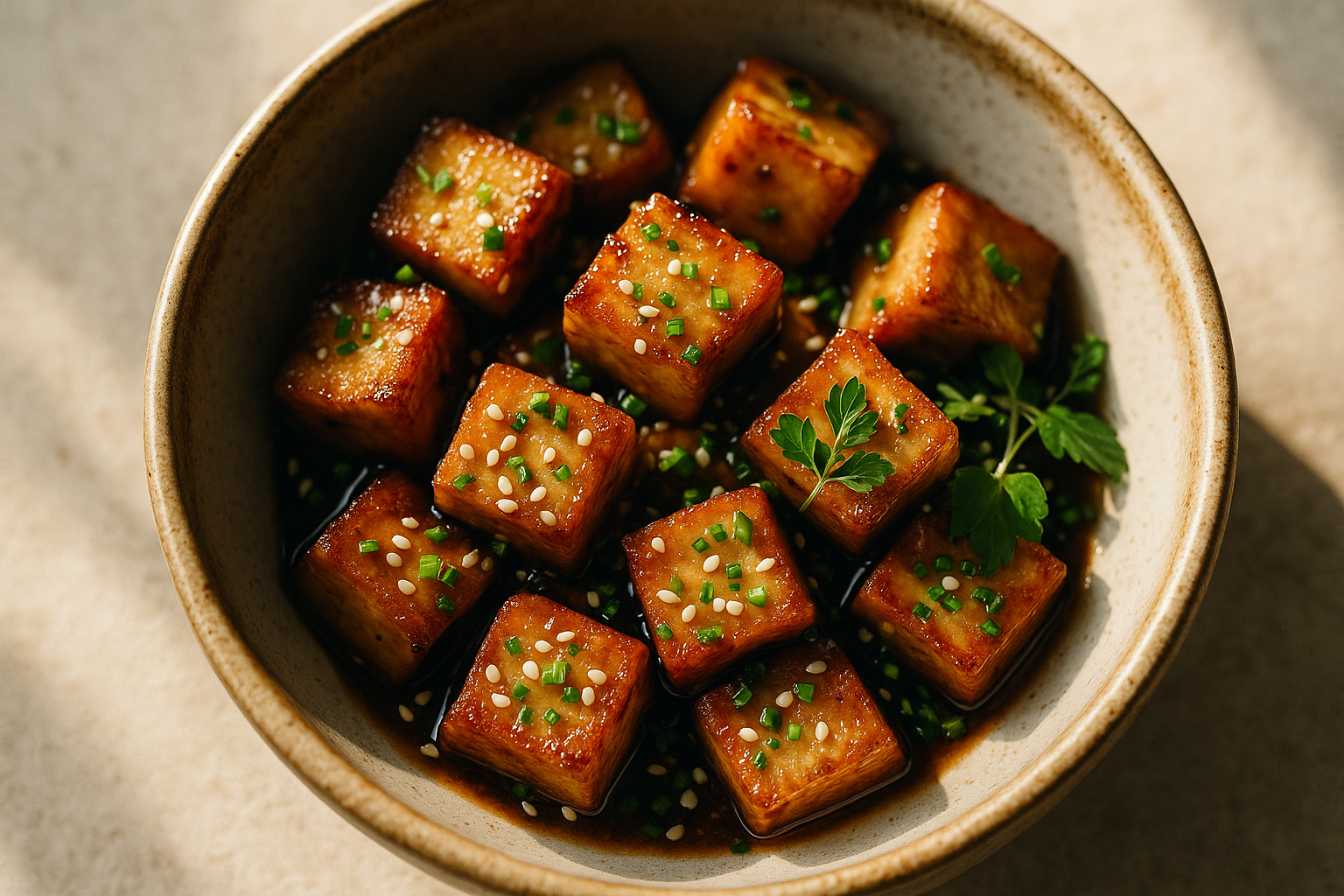 Cubes de tofu doré et croustillant nappés d'une sauce soja-sésame dans un bol en céramique