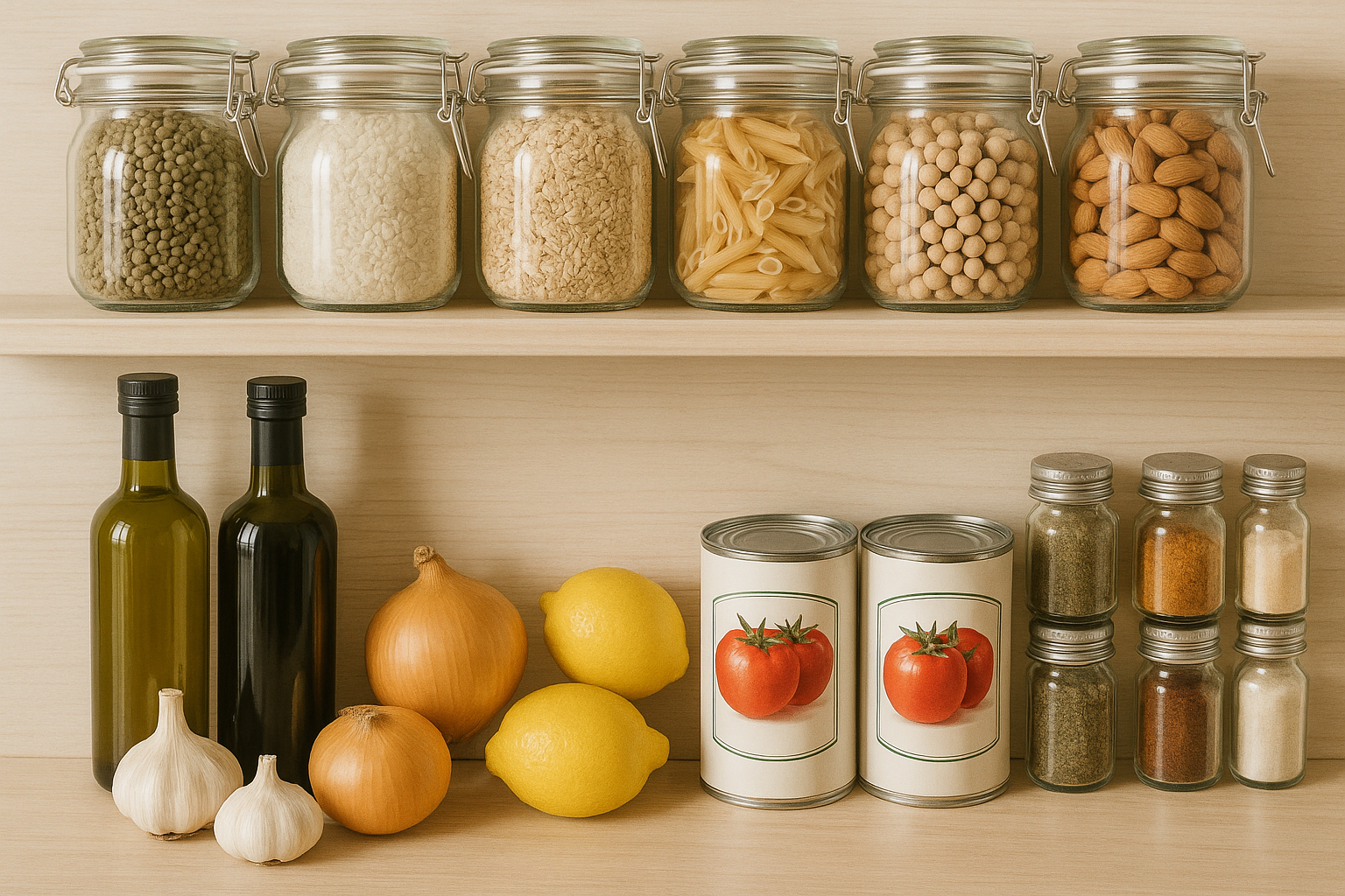 Étagère de cuisine minimaliste avec bocaux en verre contenant légumineuses, céréales et épices