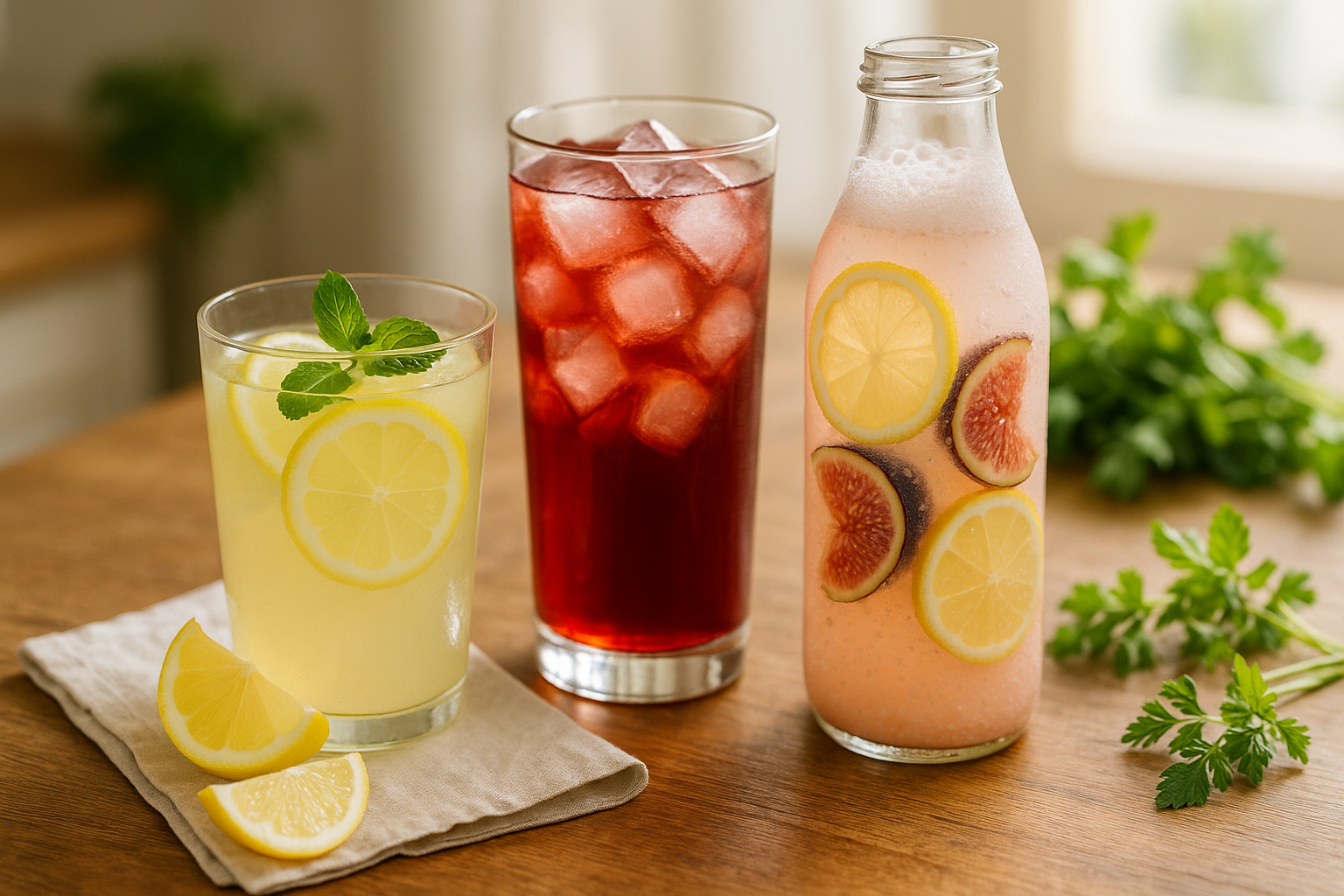 Trois boissons maison rafraîchissantes : limonade au citron, infusion glacée à l'hibiscus et kéfir de fruits en bouteille