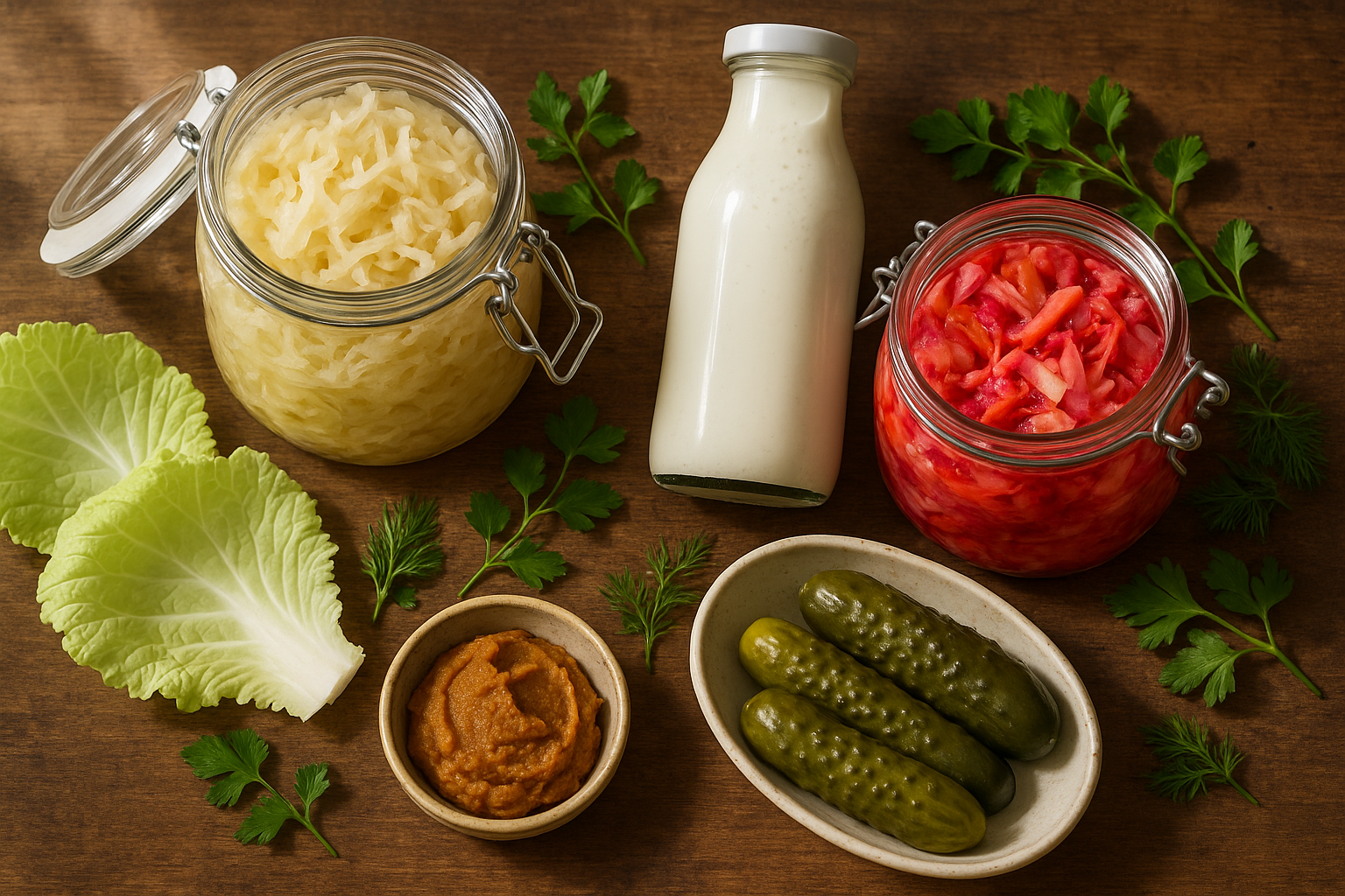 Bocaux de choucroute, kimchi, kéfir et pickles disposés sur une table en bois