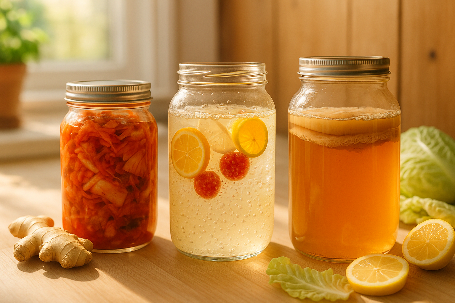 Trois bocaux en verre contenant du kimchi, du kéfir et du kombucha sur un plan de travail en bois