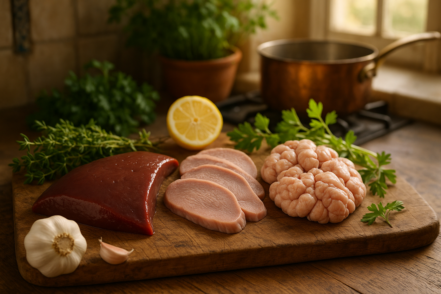 Plateau en bois avec foie, langue et ris de veau, herbes fraîches et ustensiles de cuisine