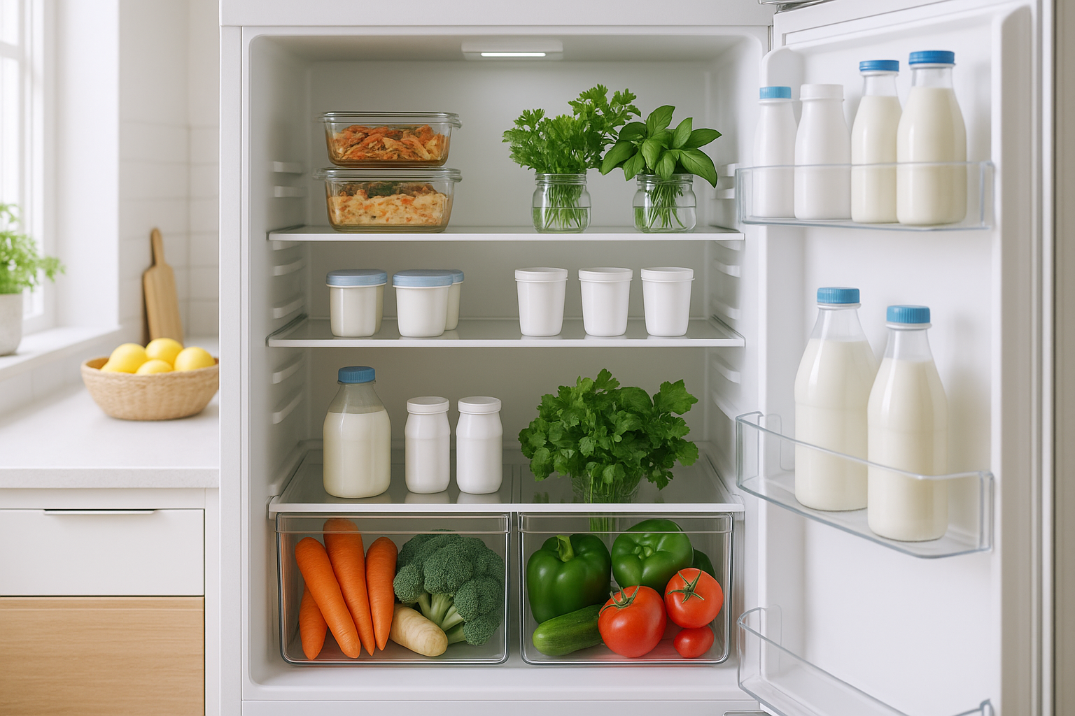 Frigo bien rangé avec légumes frais, bocaux en verre et produits laitiers organisés par étage