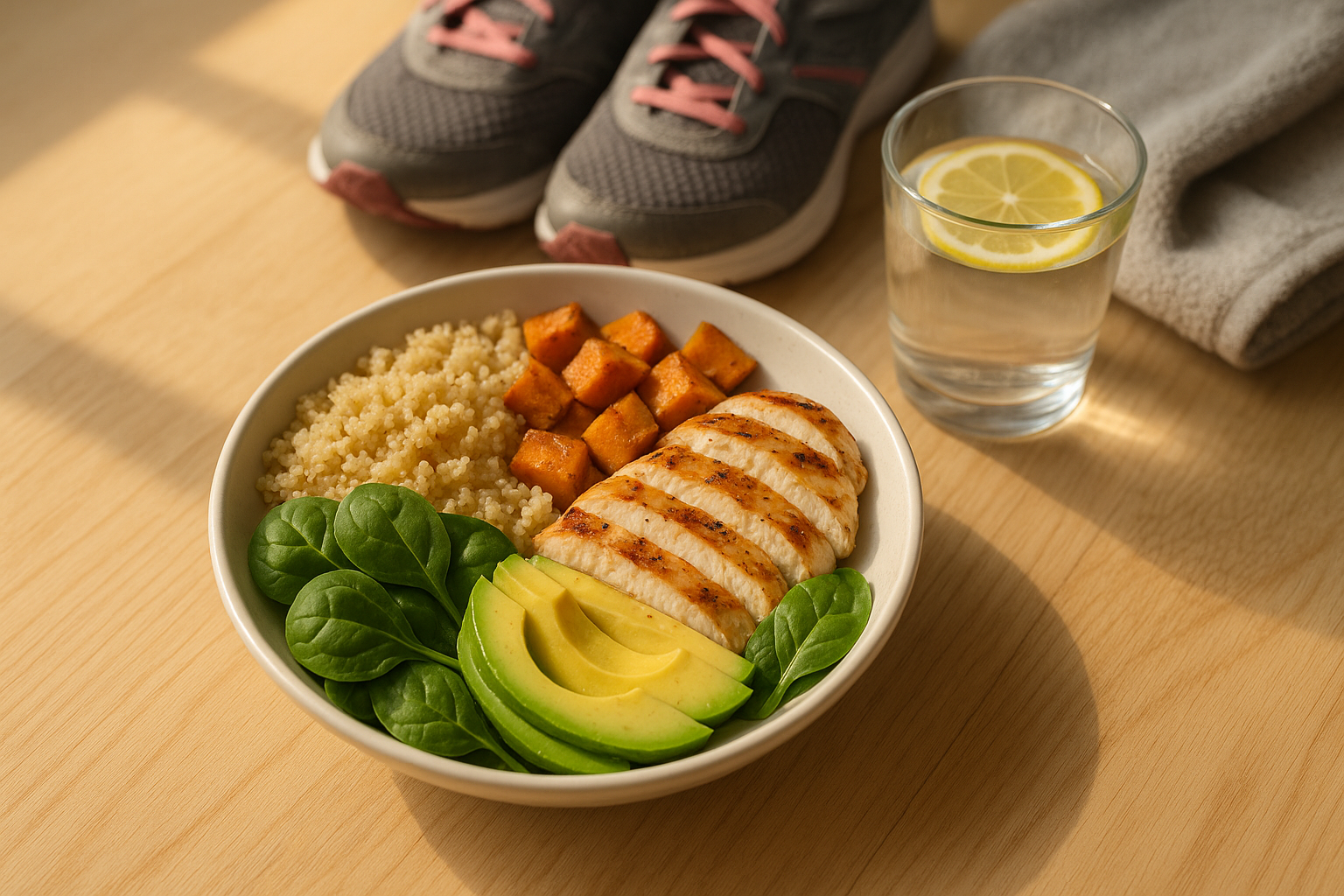 Bol équilibré avec quinoa, patate douce, avocat et poulet posé sur une table en bois à côté de chaussures de sport