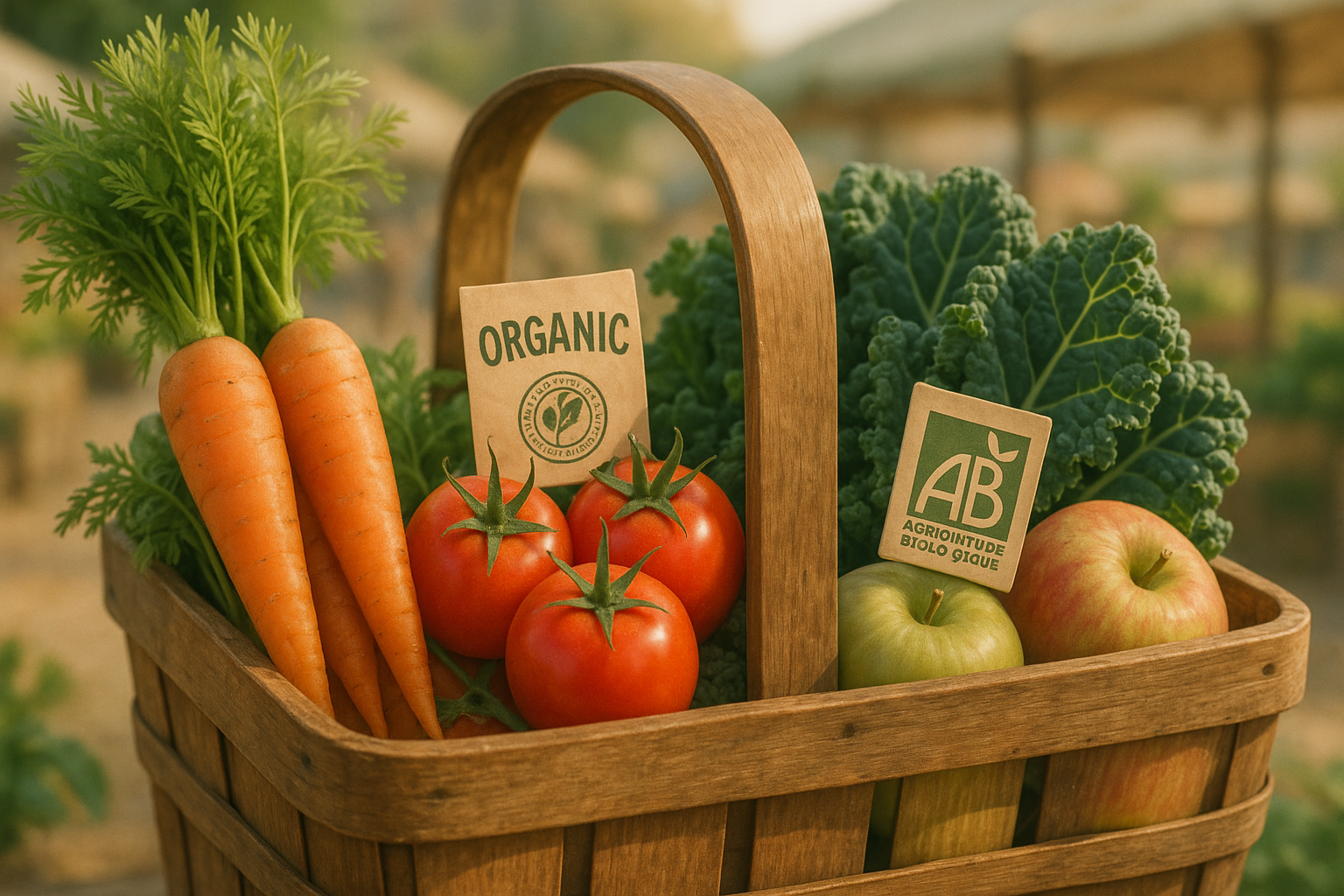 Panier de légumes biologiques frais avec étiquettes de certification sur un marché