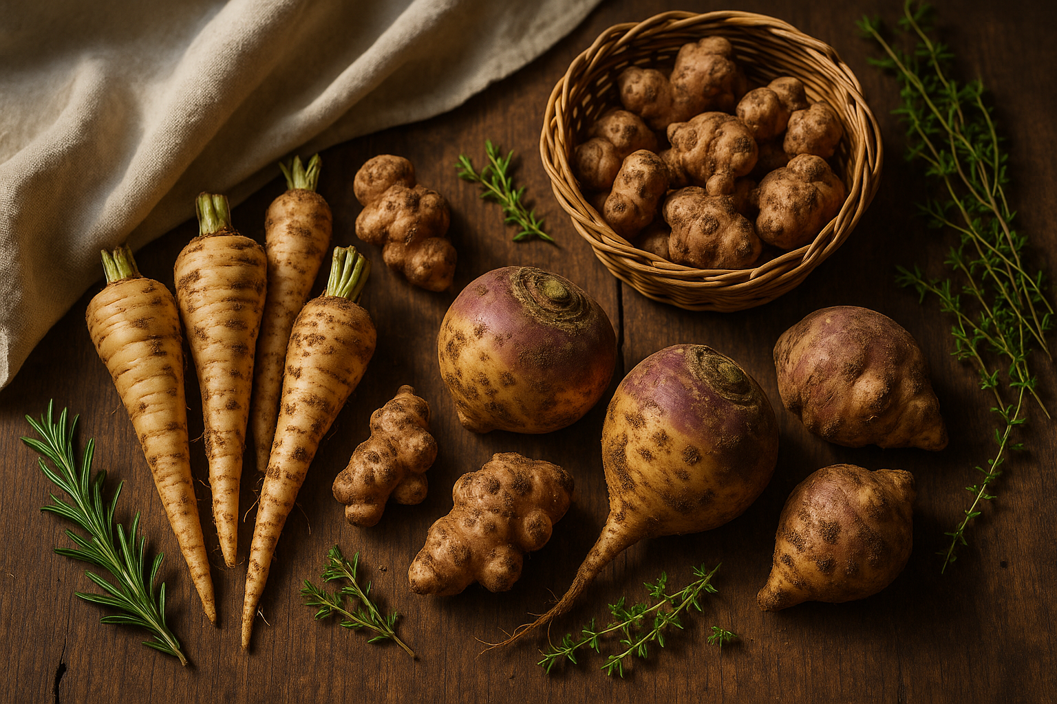 Panais, topinambours et rutabagas frais posés sur une table en bois rustique