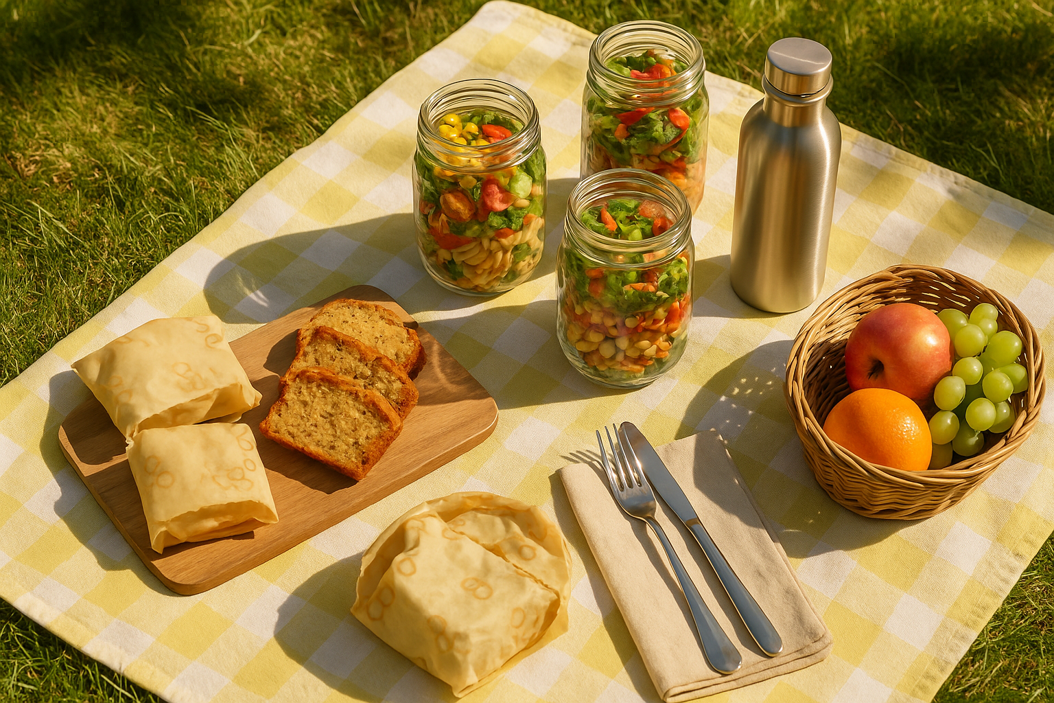 Pique-nique zéro déchet avec bocaux en verre, gourde inox et linge en coton sur l'herbe