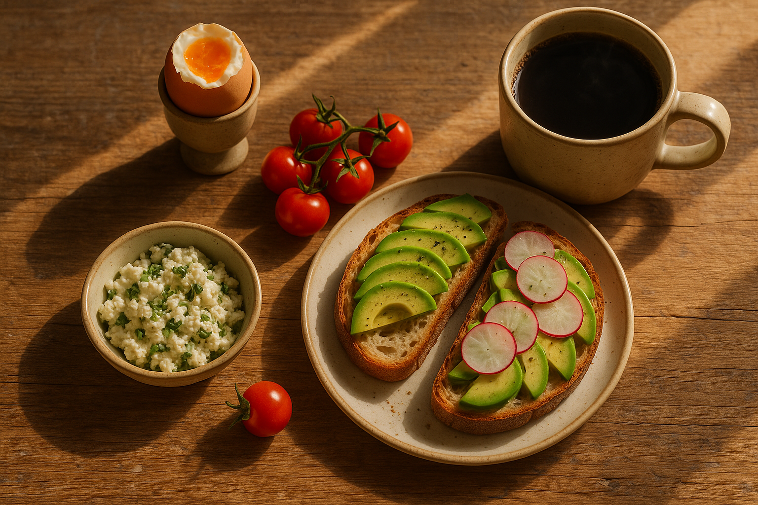 Petit-déjeuner salé sur table en bois avec œuf coque, tartines d'avocat et fromage frais aux herbes