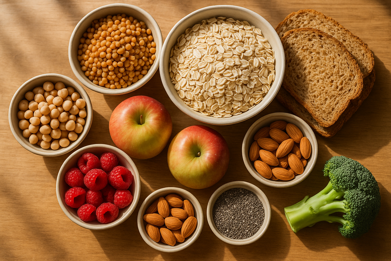 Table en bois garnie d'aliments riches en fibres : flocons d'avoine, pain complet, lentilles, fruits frais et oléagineux
