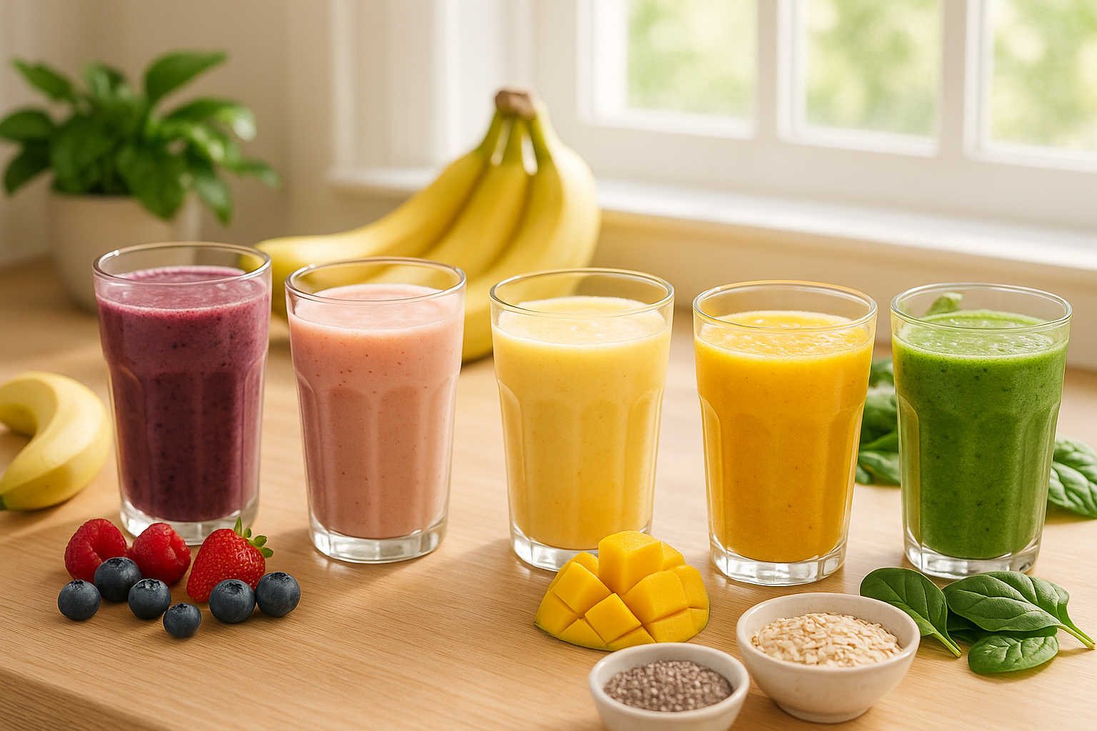 Cinq smoothies colorés alignés sur un plan de travail en bois avec fruits frais et graines au petit matin