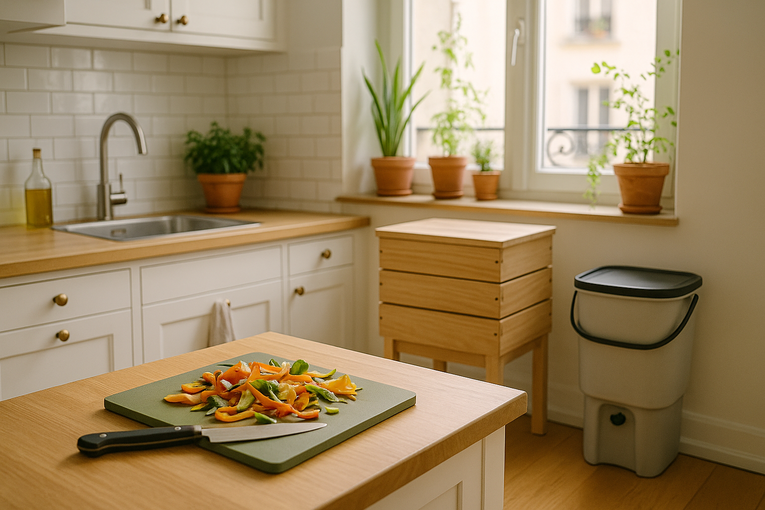 Lombricomposteur en bois et seau bokashi installés dans une cuisine d'appartement avec épluchures de légumes