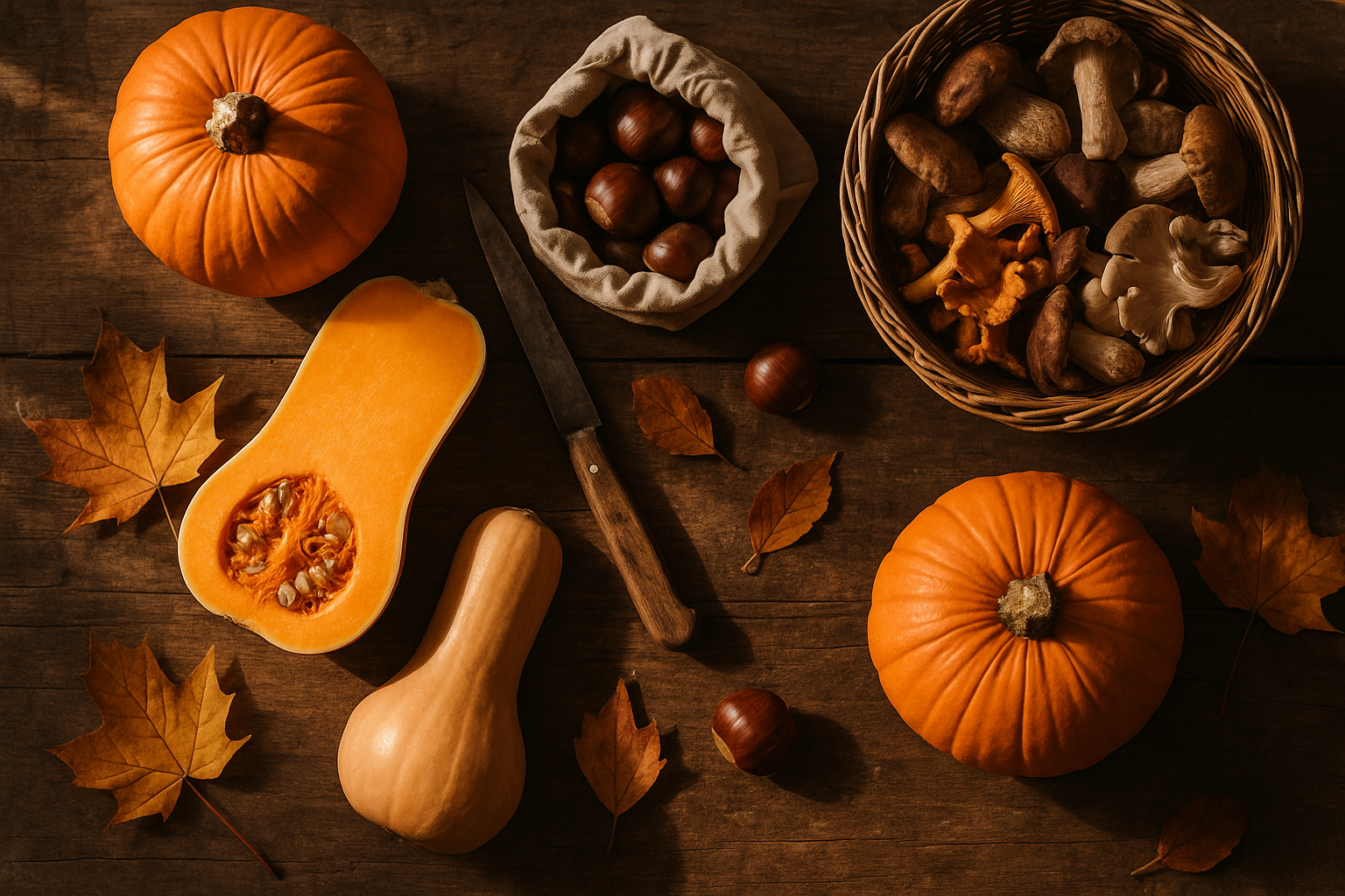 Courges, châtaignes et champignons disposés sur une table en bois en automne