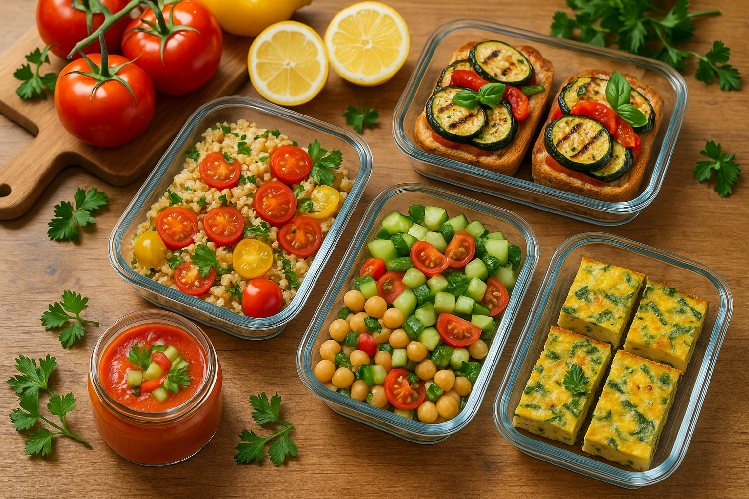 Cinq boîtes en verre contenant des repas végétariens d'été colorés posées sur un plan de travail en bois