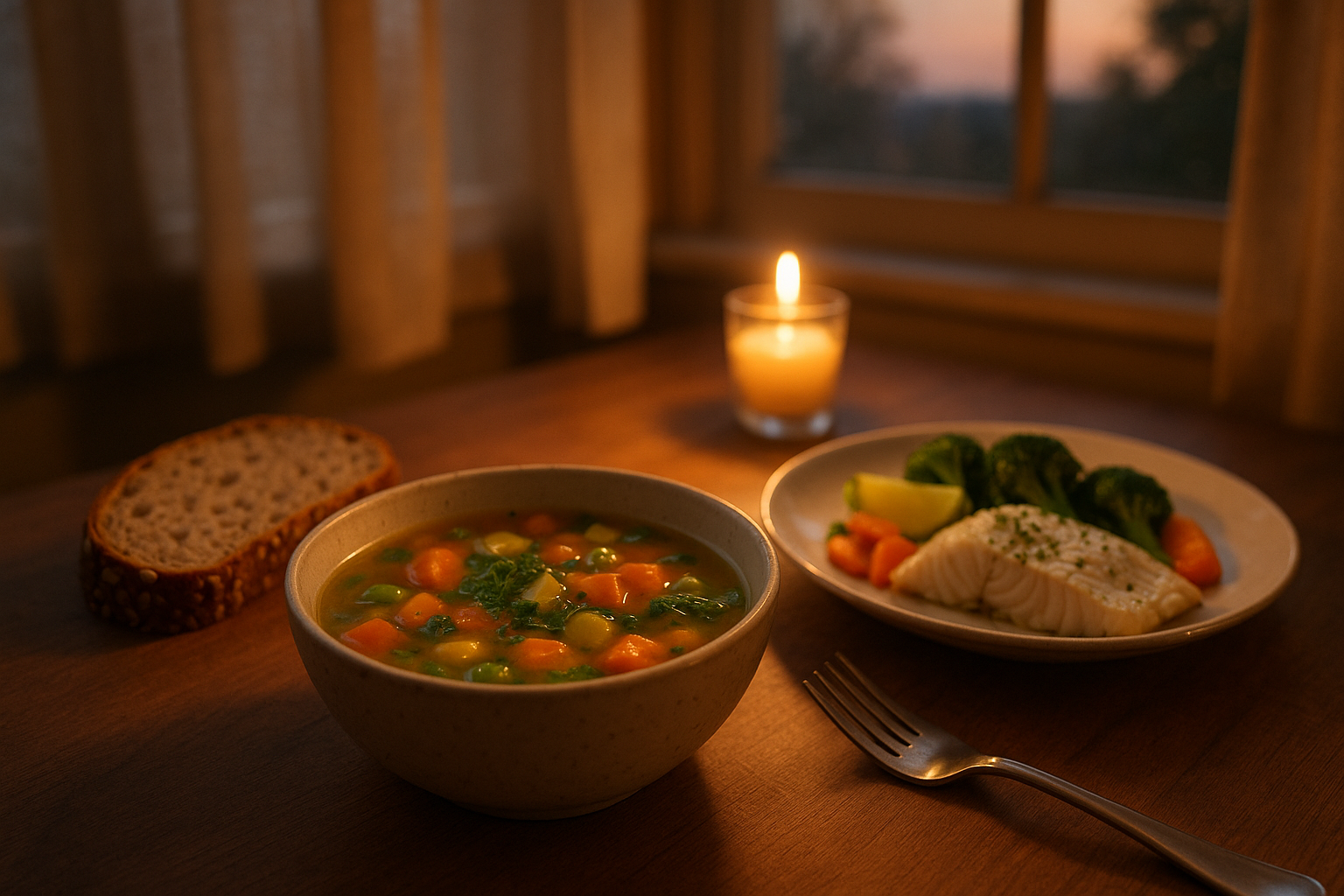 Table du soir avec soupe de légumes, pain complet et assiette légère dans une lumière douce