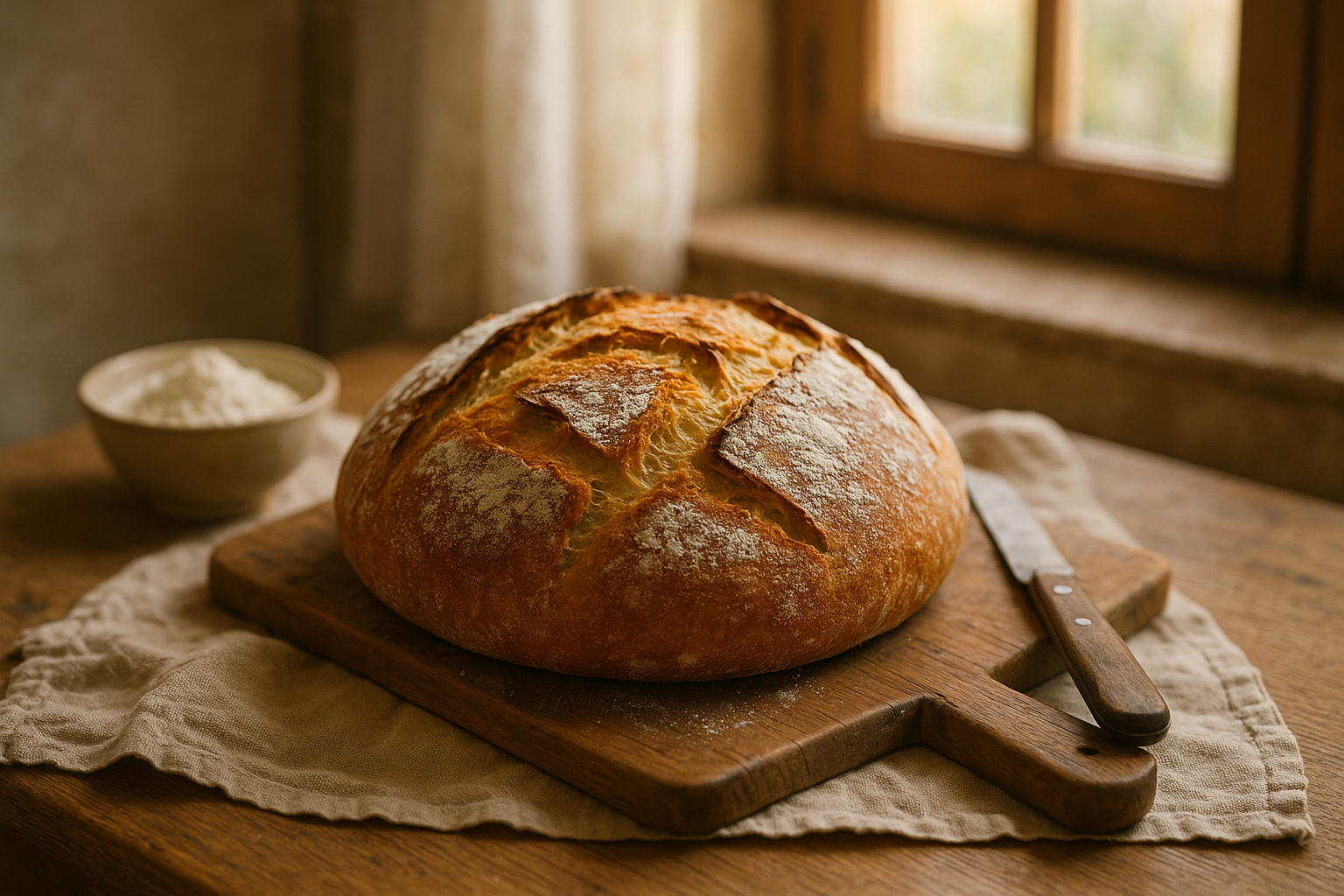 Pain maison rond à la croûte dorée posé sur une planche en bois dans une cuisine lumineuse