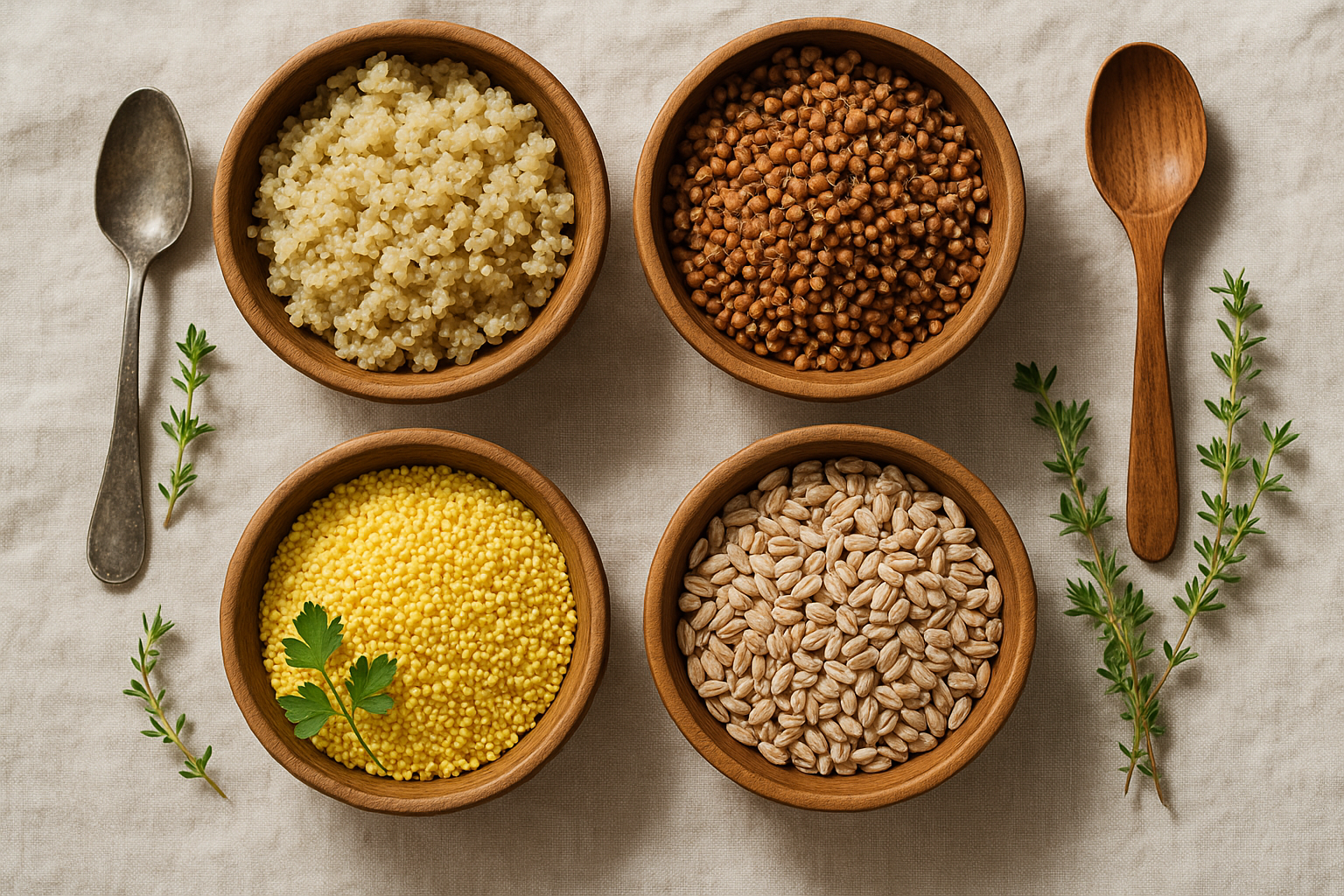 Quatre bols en bois contenant du quinoa, du sarrasin, du millet et de l'épeautre sur une nappe en lin
