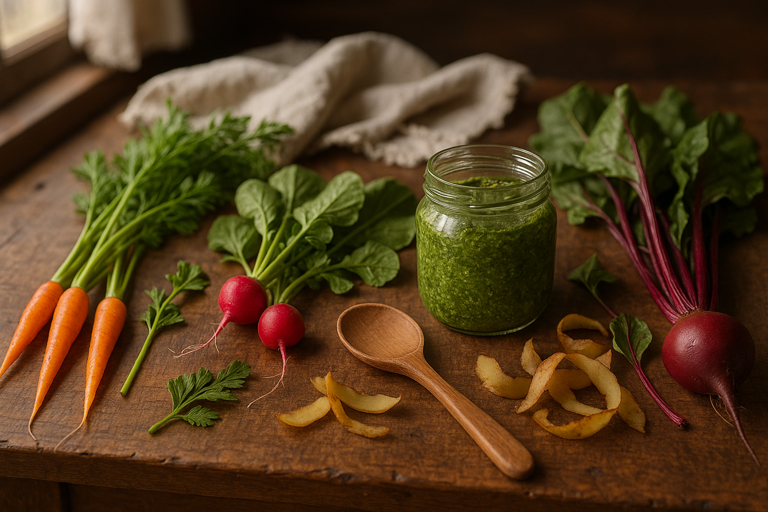 Fanes de carottes, épluchures et pesto maison sur un plan de travail en bois