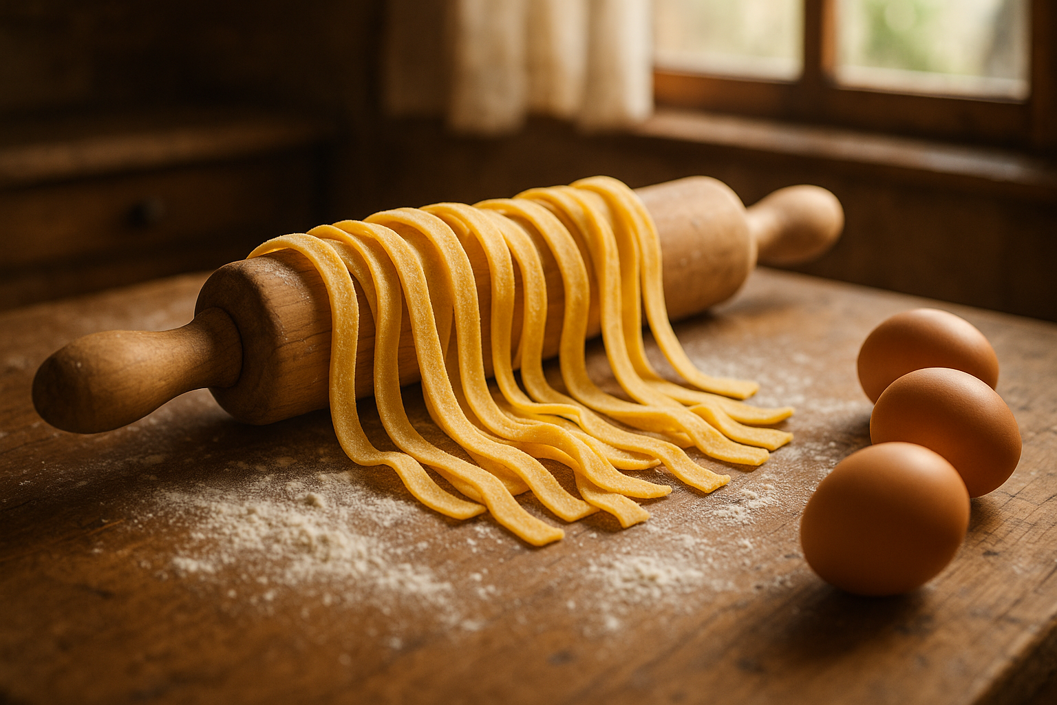 Tagliatelles fraîches maison fariné sur un plan de travail en bois avec œufs et rouleau