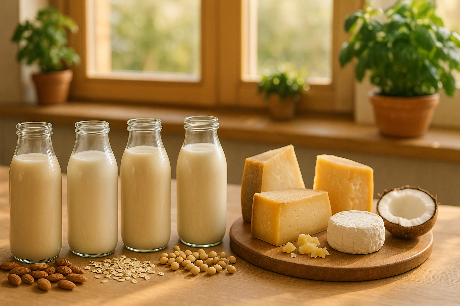 Boissons végétales en bouteilles de verre et fromages affinés disposés sur une table en bois