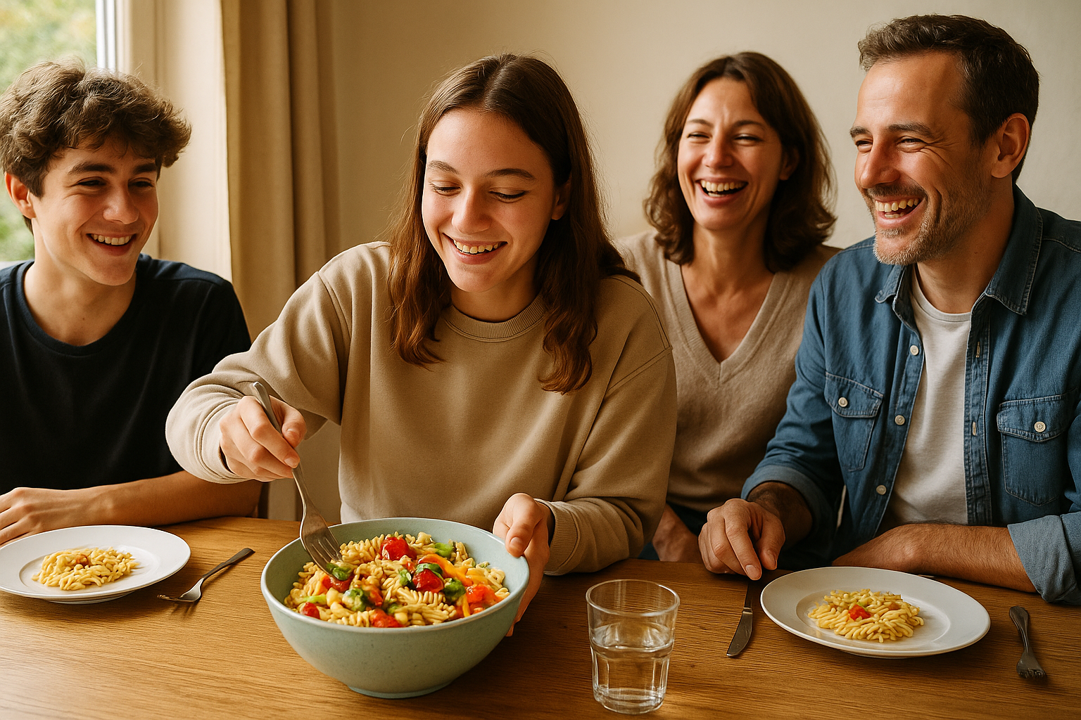 Famille avec adolescents partageant un repas détendu autour d'une table en bois