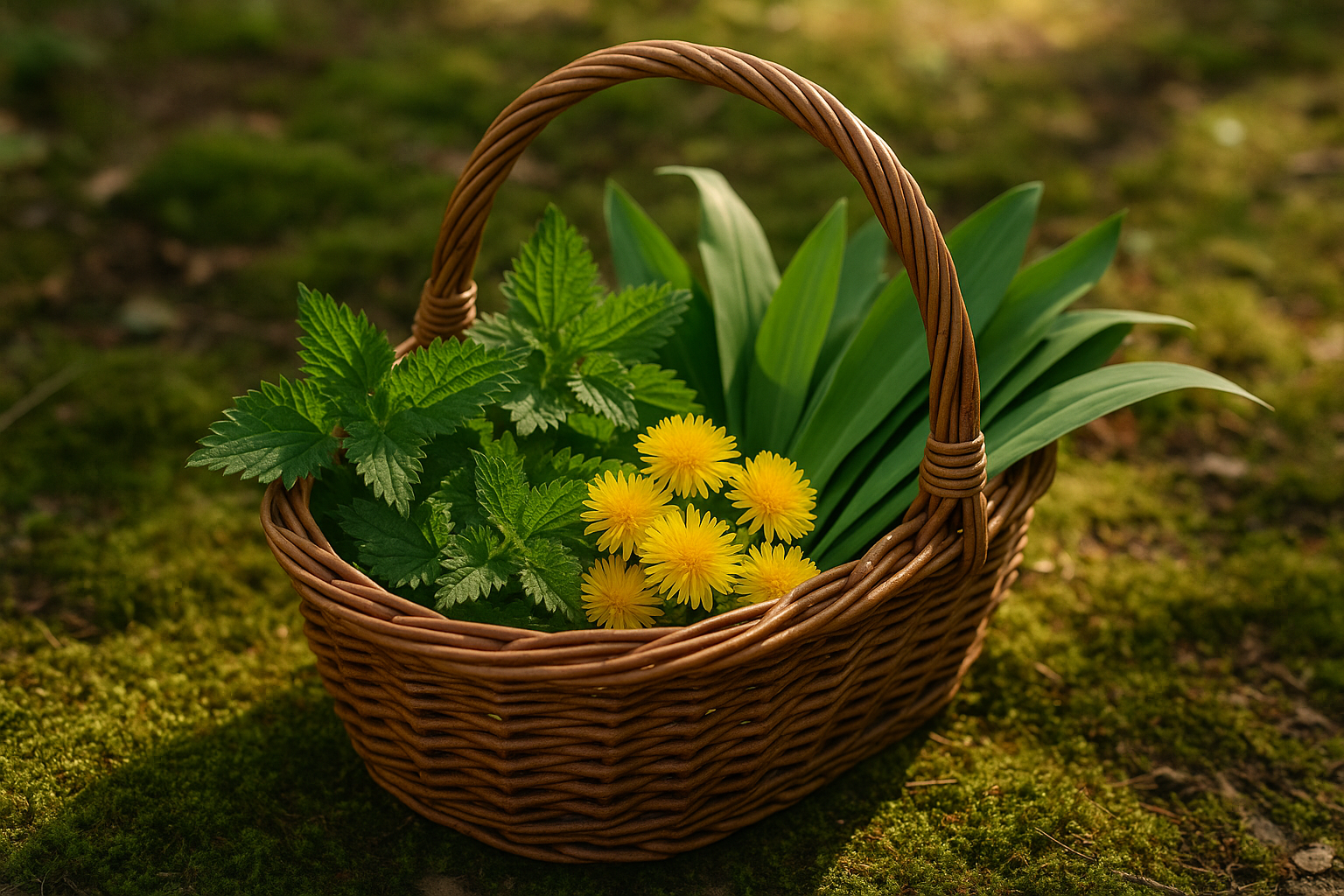 Panier en osier rempli d'orties, pissenlits et ail des ours fraîchement cueillis en sous-bois au printemps