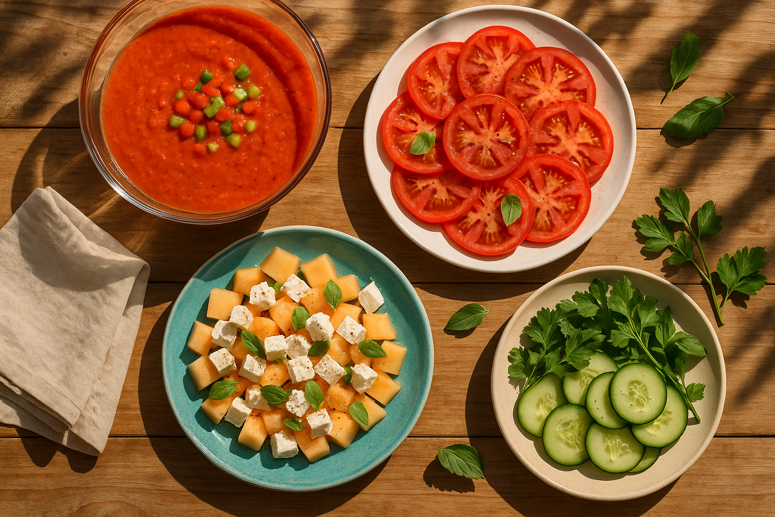 Table d'été colorée avec plusieurs plats frais sans cuisson : gazpacho, salade melon-feta et carpaccio de tomates