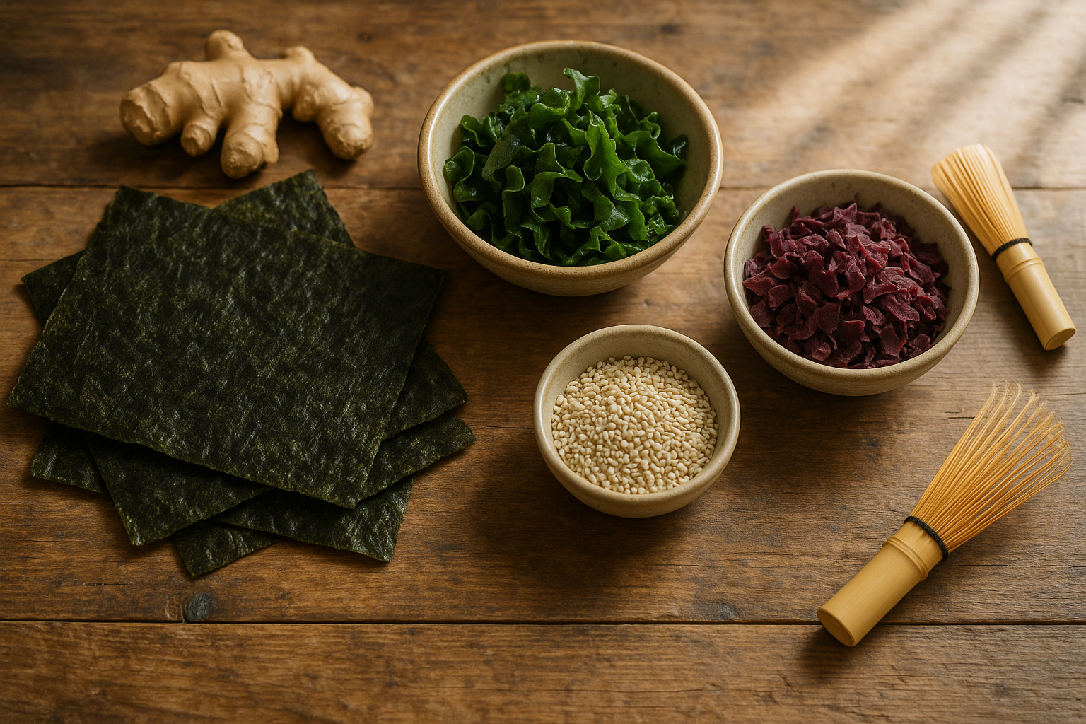 Assortiment d'algues comestibles séchées (nori, wakamé, dulse) dans des bols en céramique sur une table en bois