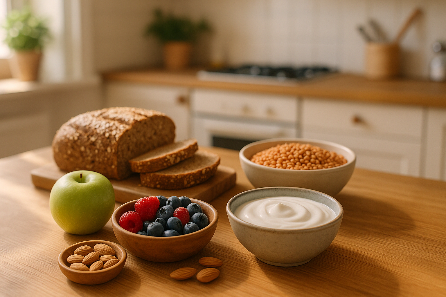 Table en bois garnie d'aliments à index glycémique bas : pain complet, lentilles, baies, yaourt nature et amandes