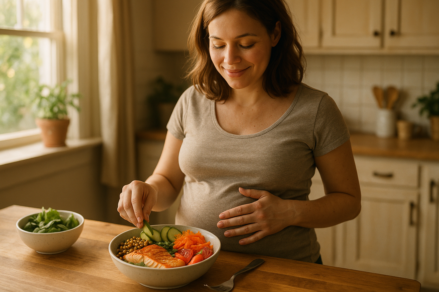 Femme enceinte préparant un bol coloré de légumes, lentilles et saumon dans une cuisine lumineuse