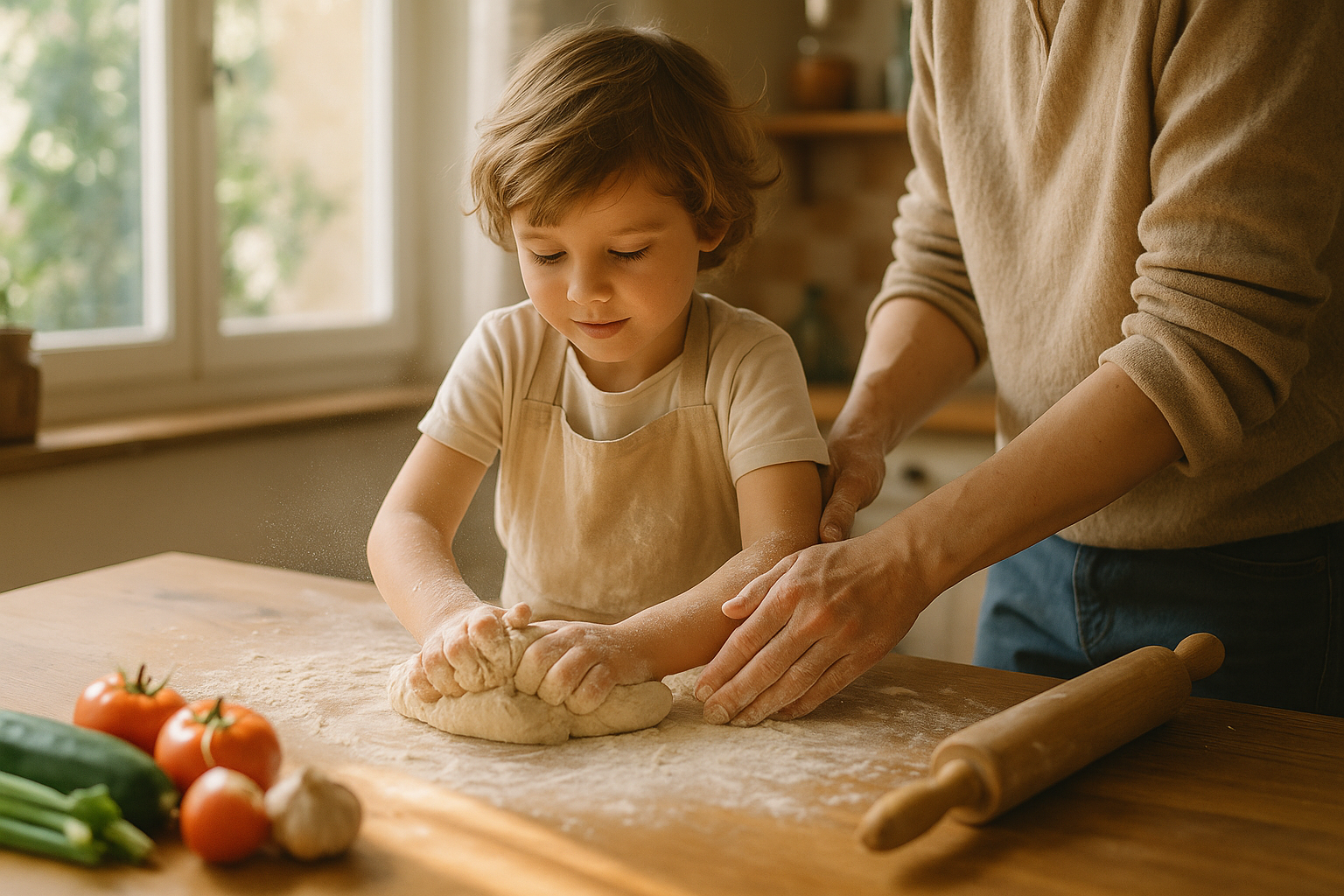 Enfant en tablier pétrissant de la pâte aux côtés de son parent dans une cuisine lumineuse
