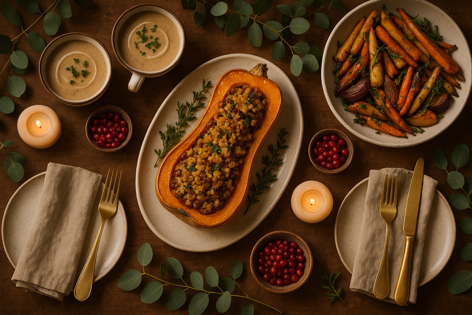 Table de réveillon végétarienne avec courge rôtie, velouté de châtaignes et légumes racines