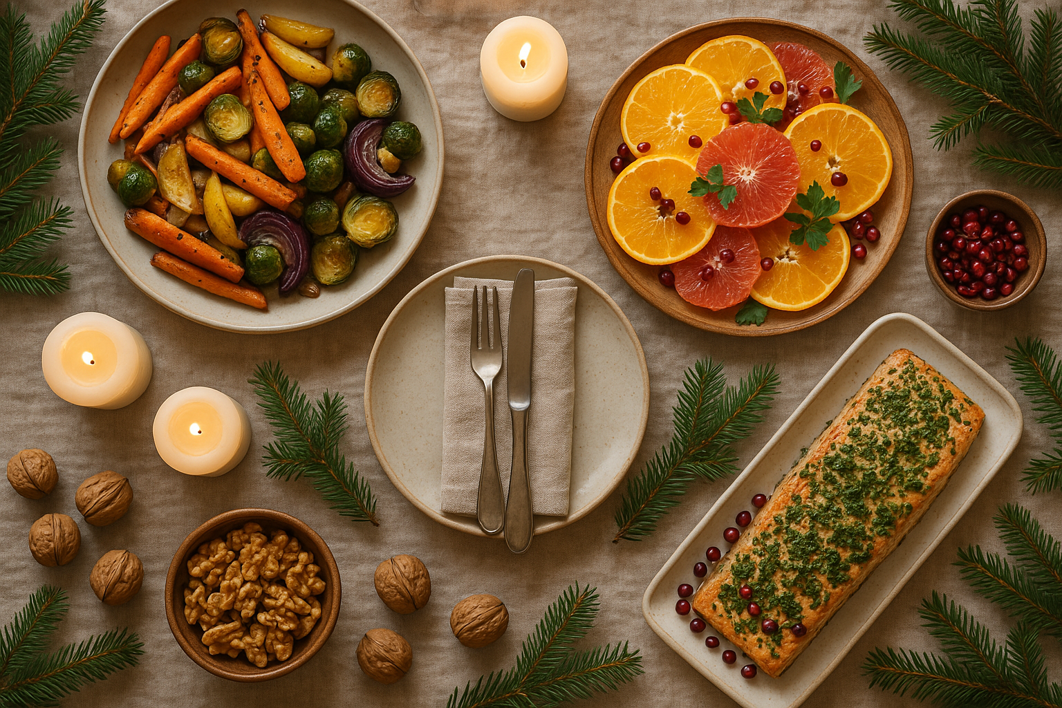 Table de Noël élégante avec plats festifs équilibrés, légumes rôtis, saumon et agrumes
