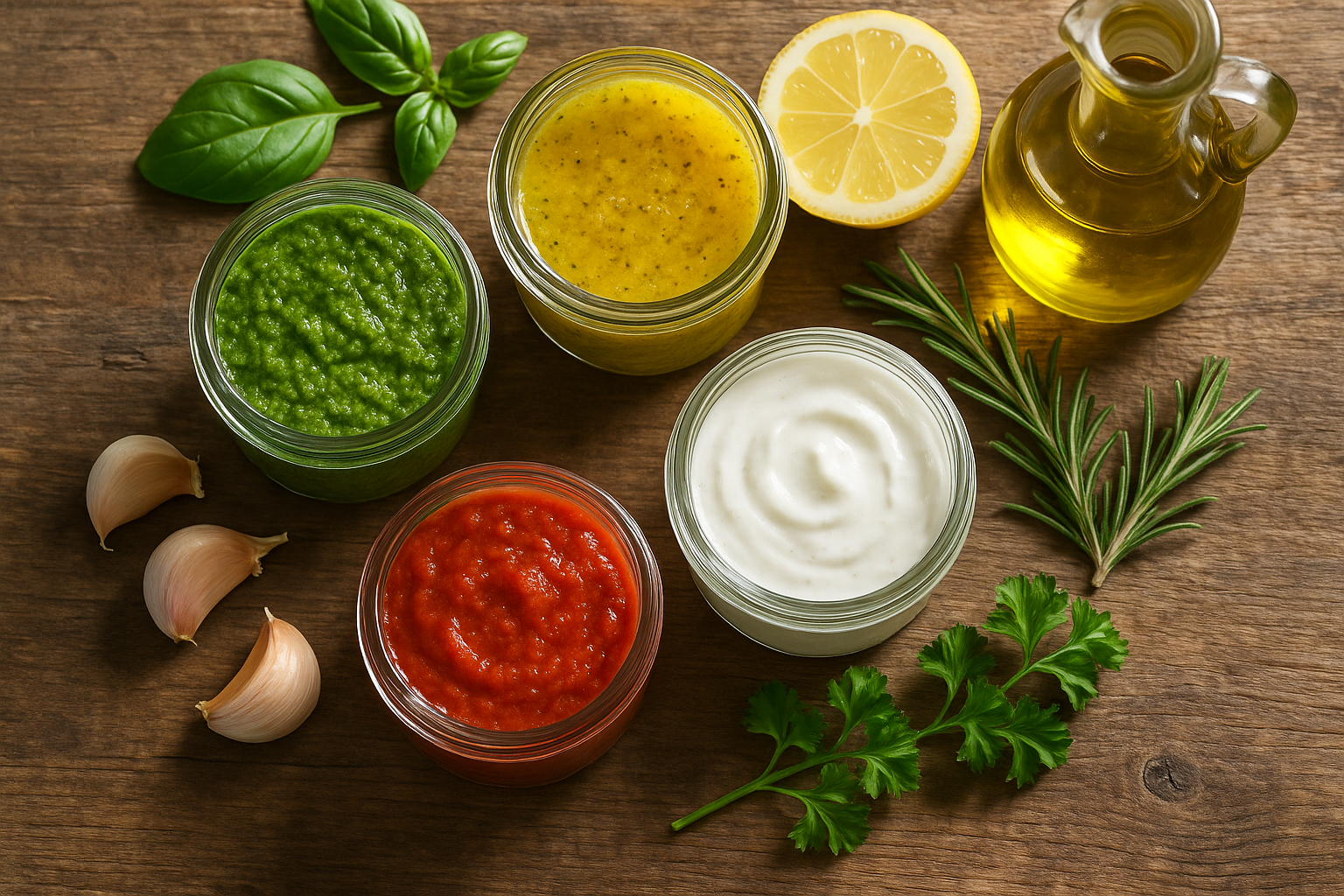 Petits bocaux en verre remplis de sauces et vinaigrettes maison sur une table en bois avec herbes fraîches