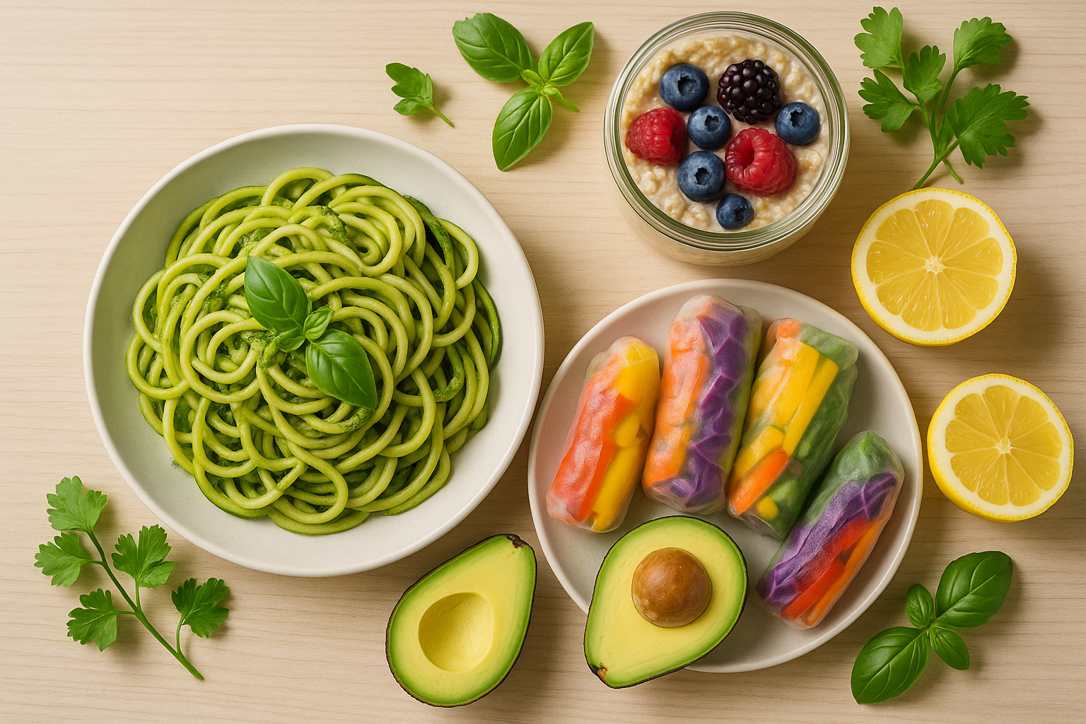 Assortiment de plats crus colorés sur une table en bois : courgettes en spaghetti, rouleaux de printemps et fruits frais