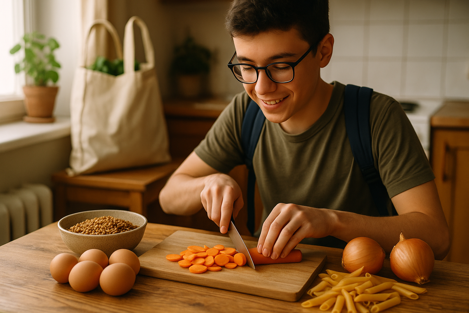 Étudiant préparant un repas équilibré dans une petite cuisine avec des ingrédients simples et économiques