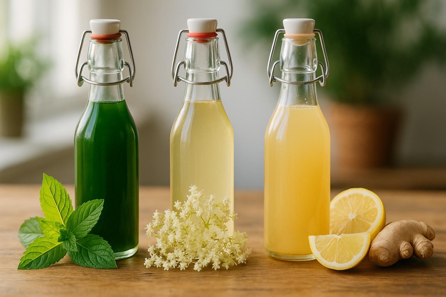 Trois bouteilles de sirops maison menthe, sureau et gingembre citron sur une table en bois