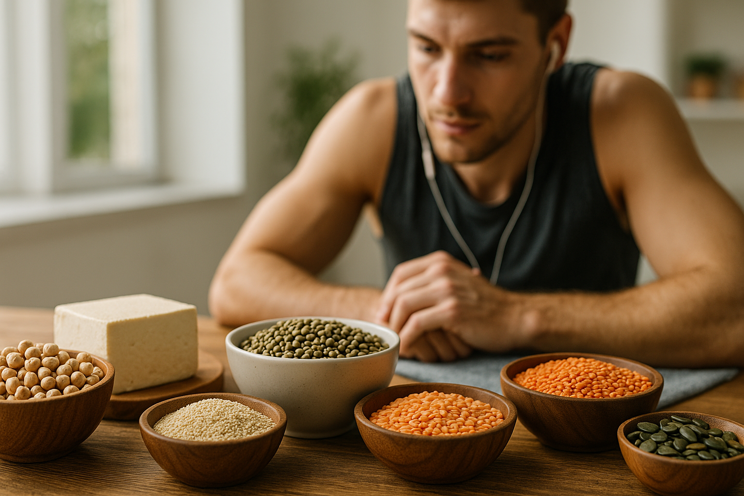 Assortiment de sources de protéines végétales pour sportif végétarien : légumineuses, tofu, quinoa et graines