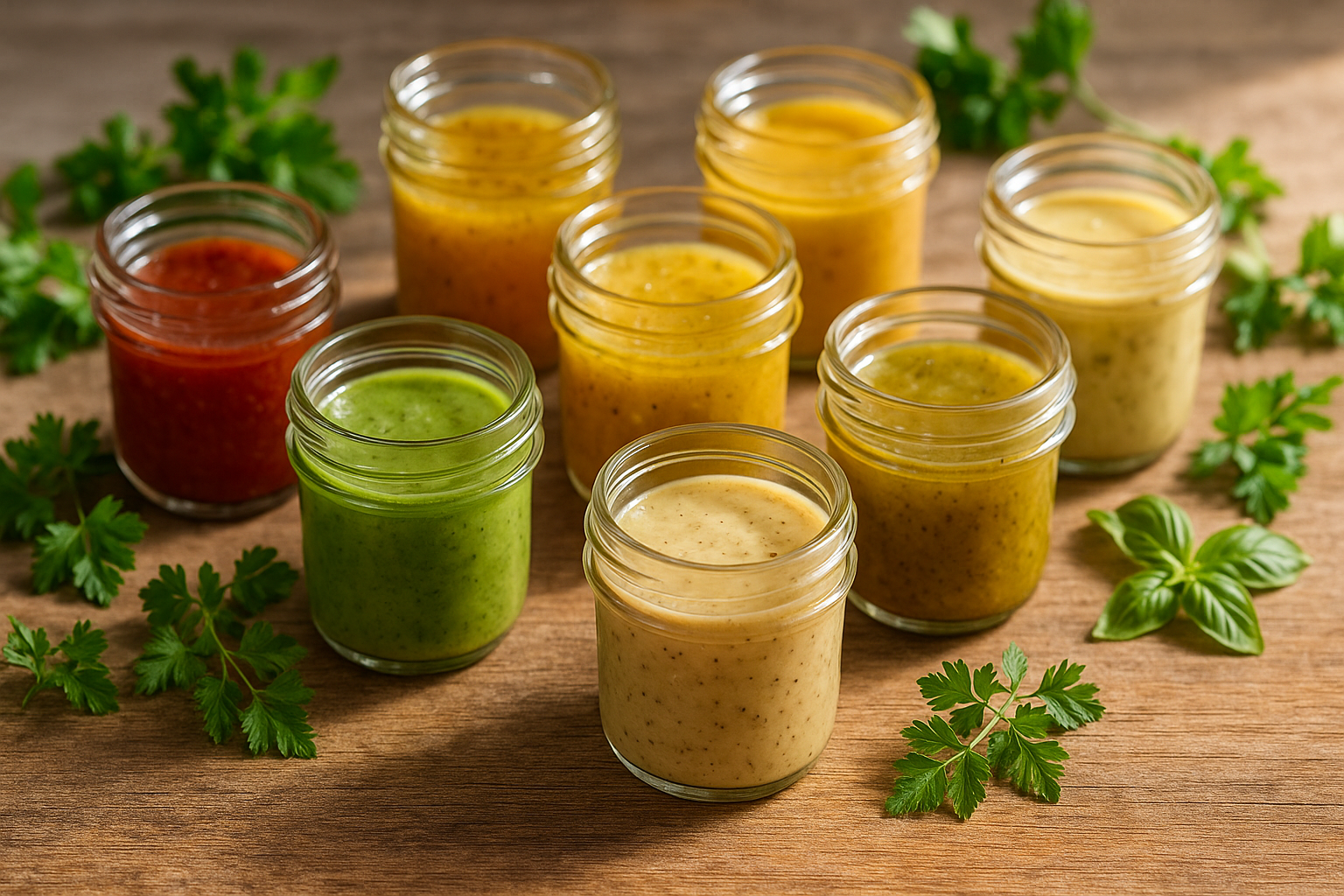 Dix petits bocaux de vinaigrettes maison colorées sur une table en bois avec herbes fraîches