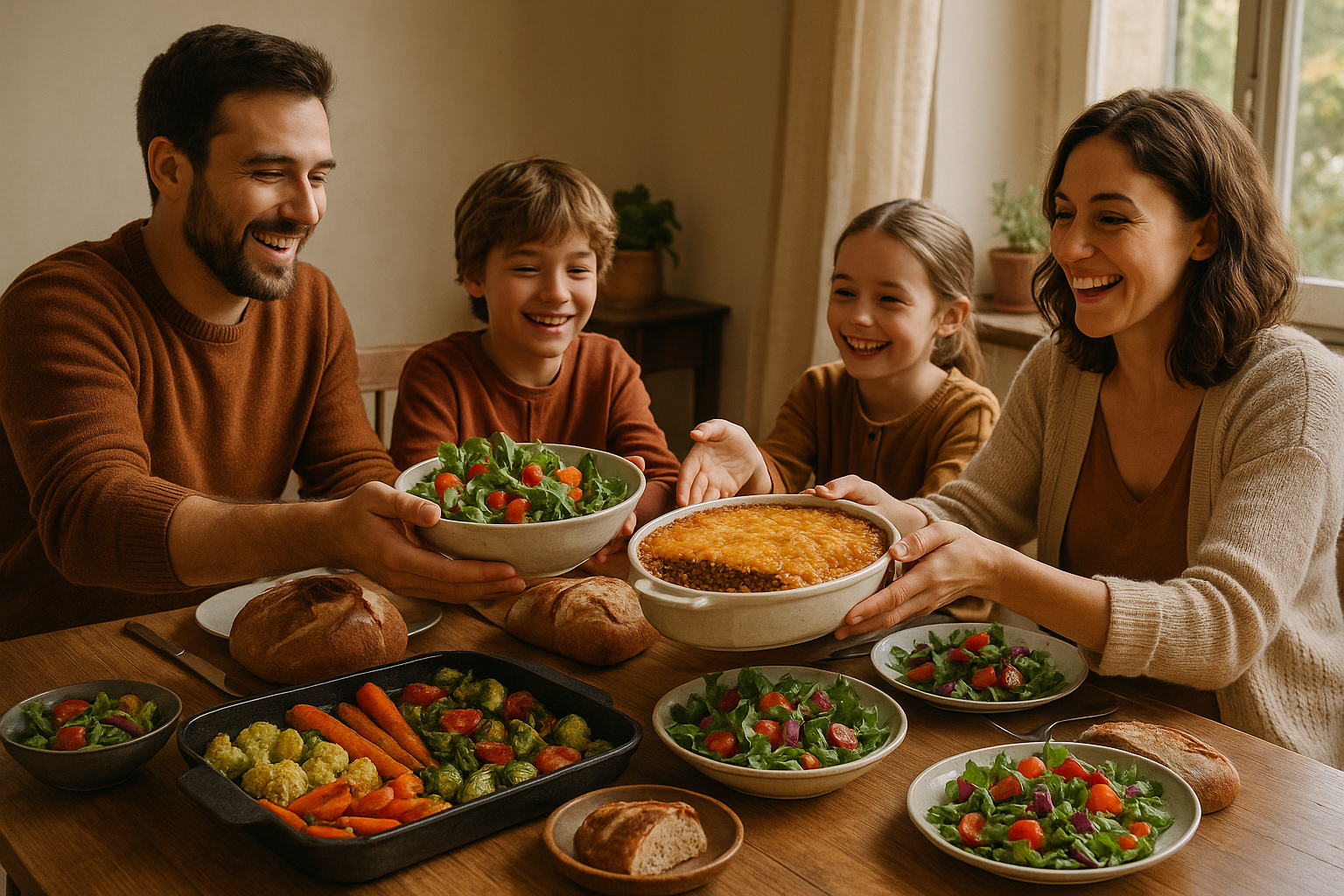 Table familiale conviviale avec plats végétaux colorés et généreux