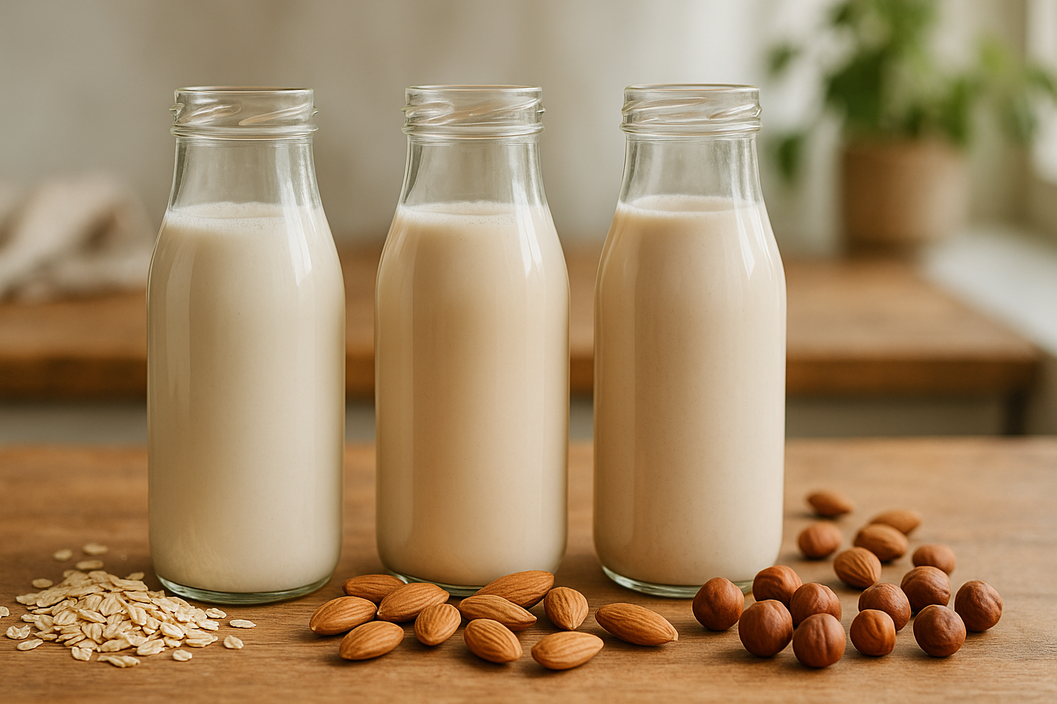 Trois bouteilles en verre de laits végétaux maison (avoine, amande, noisette) sur un plan de travail en bois avec oléagineux dispersés
