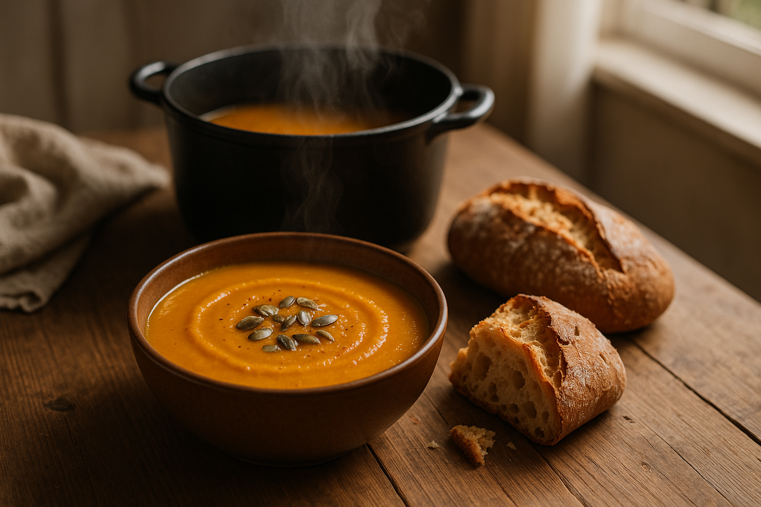 Table en bois avec marmite fumante, soupe potimarron et pain pour un repas d'hiver réconfortant