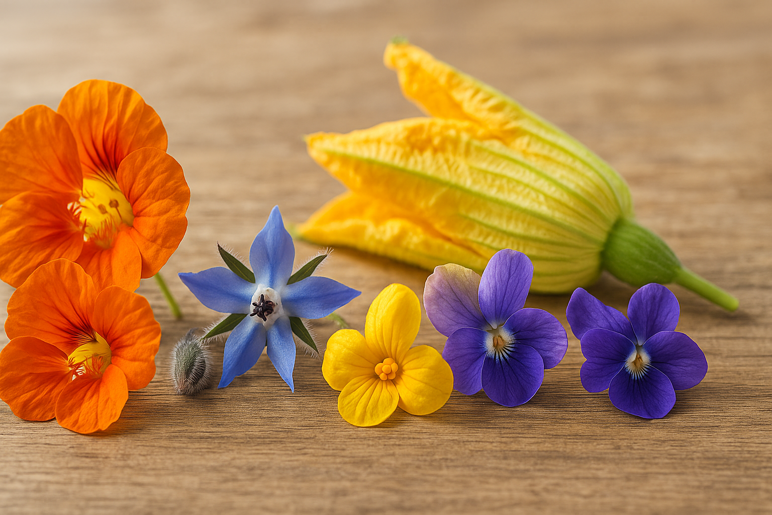 Assortiment de fleurs comestibles (capucine, bourrache, courgette et violette) disposées sur une table en bois