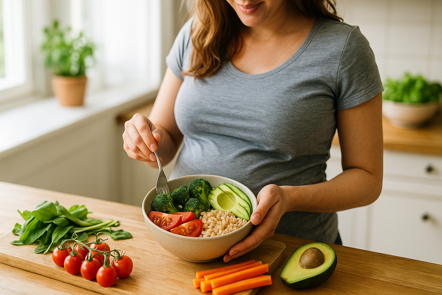 Femme enceinte préparant un bol équilibré avec des légumes frais et des céréales complètes