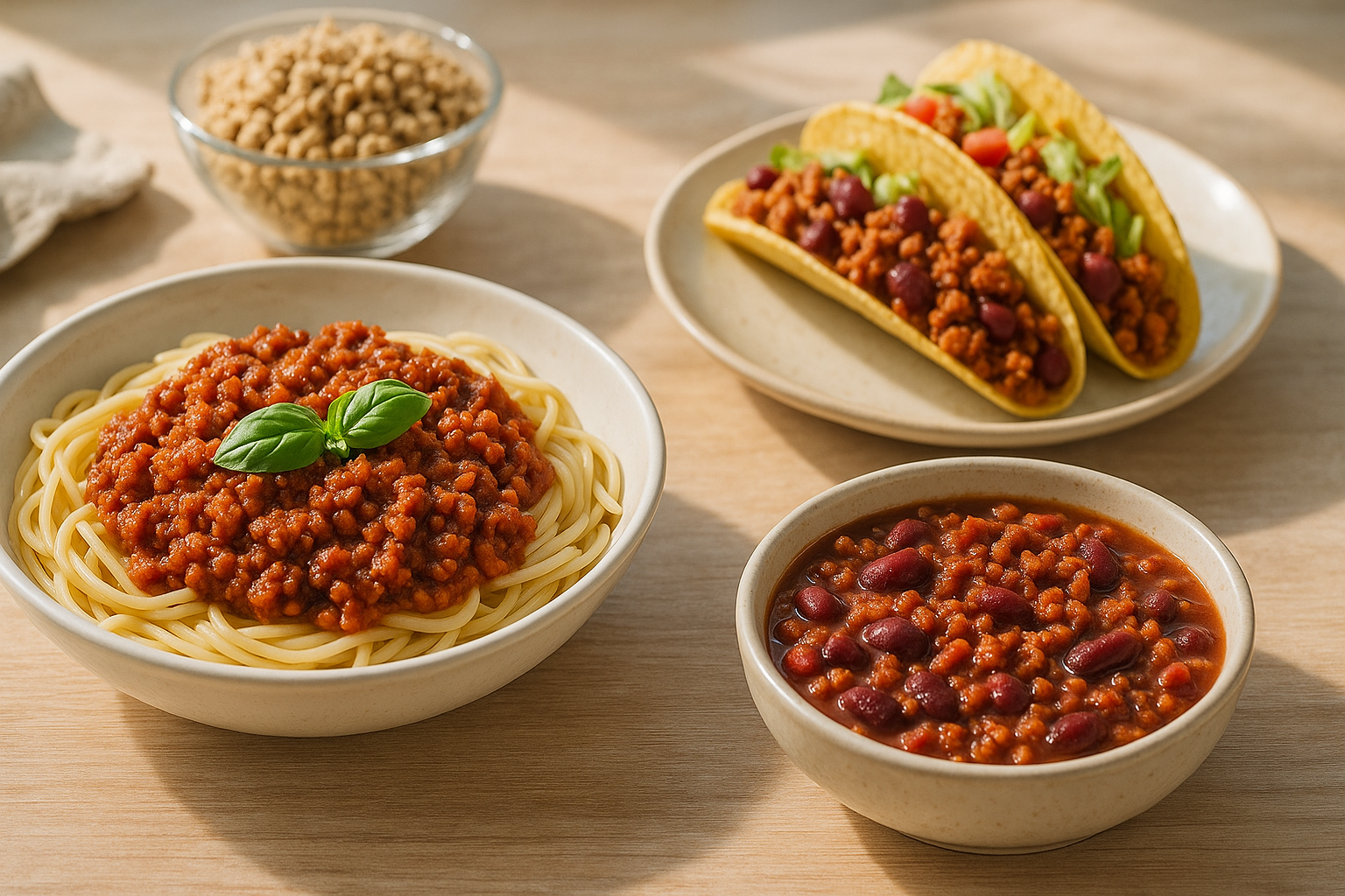 Trois plats à base de protéines végétales texturées : bolognaise, chili et tacos