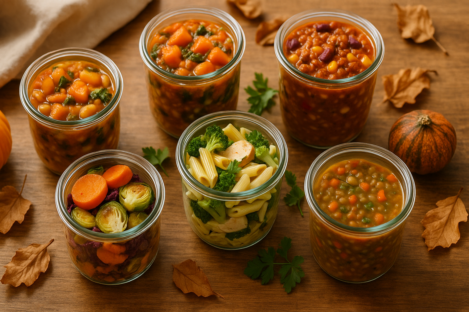 Vue de dessus de cinq plats d'automne en bocaux préparés en batch cooking sur une table en bois