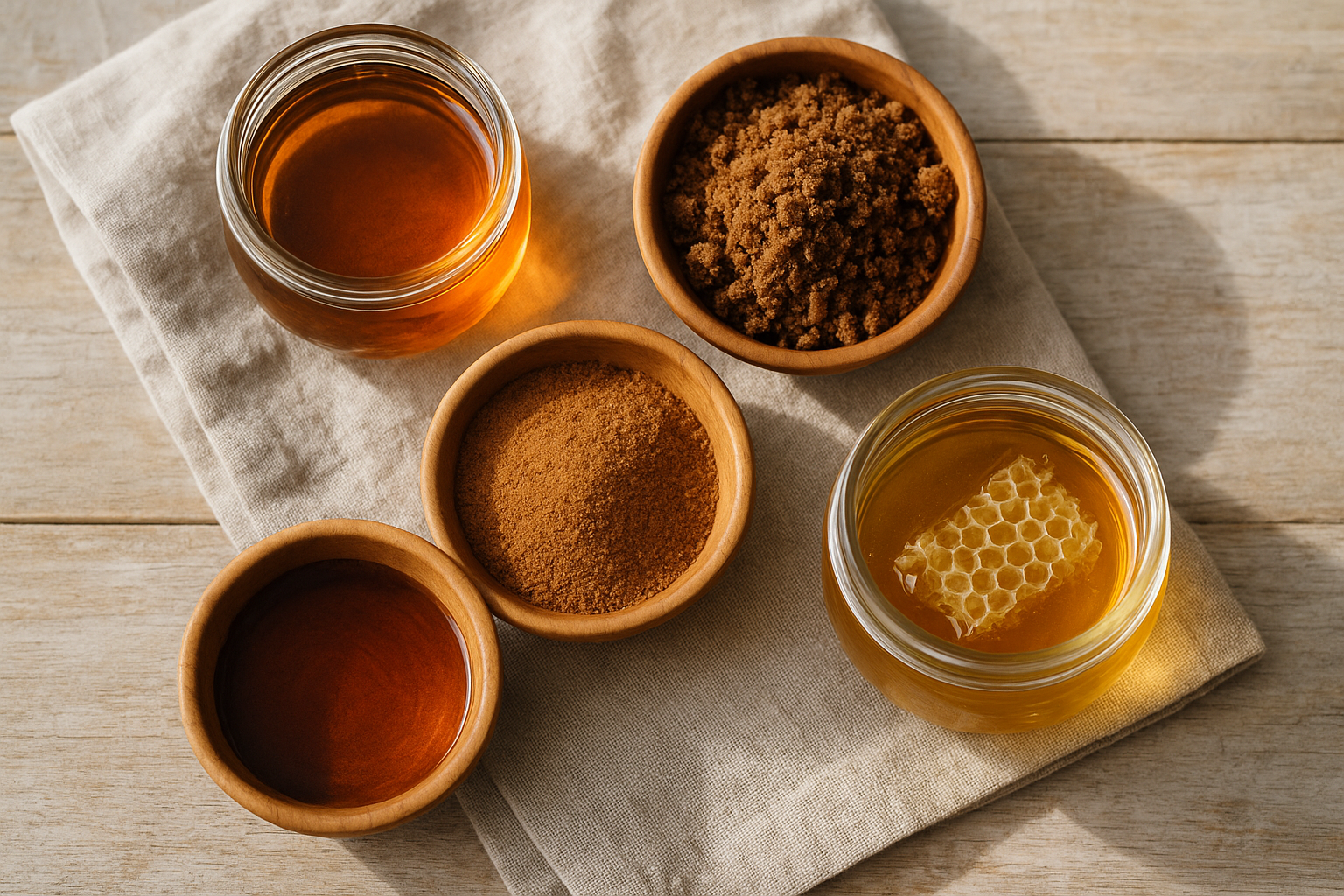 Bols en bois contenant du sirop d'érable, du sucre de coco, du rapadura et du miel sur une table en bois clair