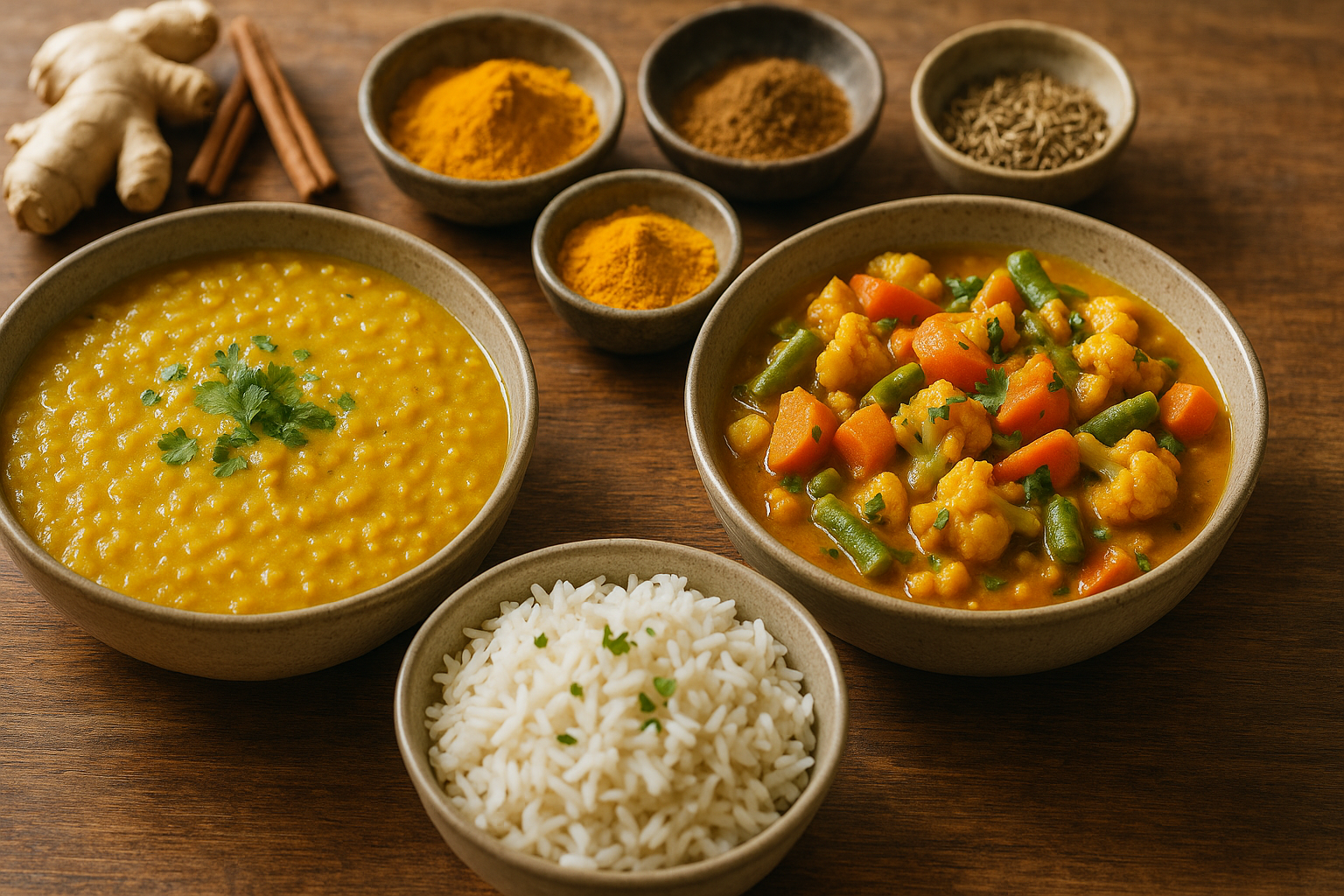 Dahl doré, curry de légumes, riz basmati et épices colorées disposés sur une table en bois