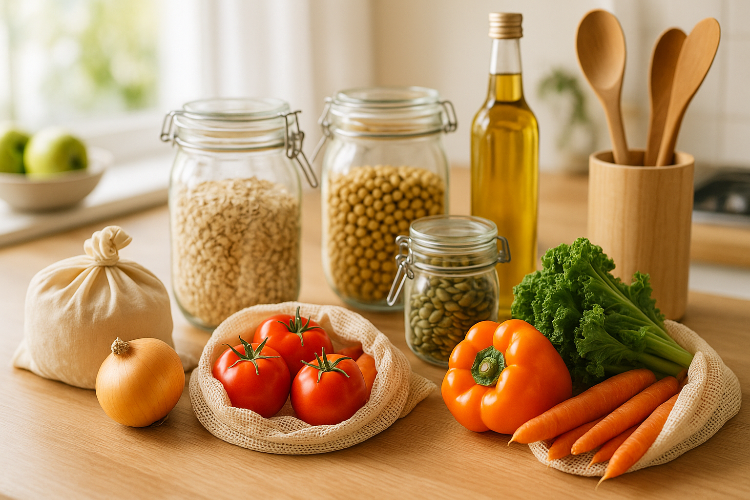 Plan de travail de cuisine zéro déchet avec bocaux en verre, légumes frais et emballages réutilisables