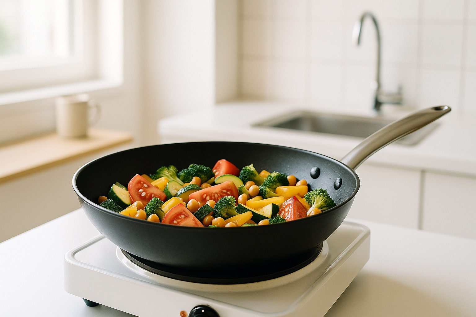 Une seule poêle sur une plaque unique avec légumes colorés et pois chiches dans un studio lumineux